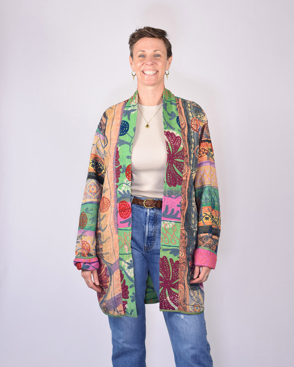 Frankie Long Quilted Reversible Patchwork Kantha Jacket - 03