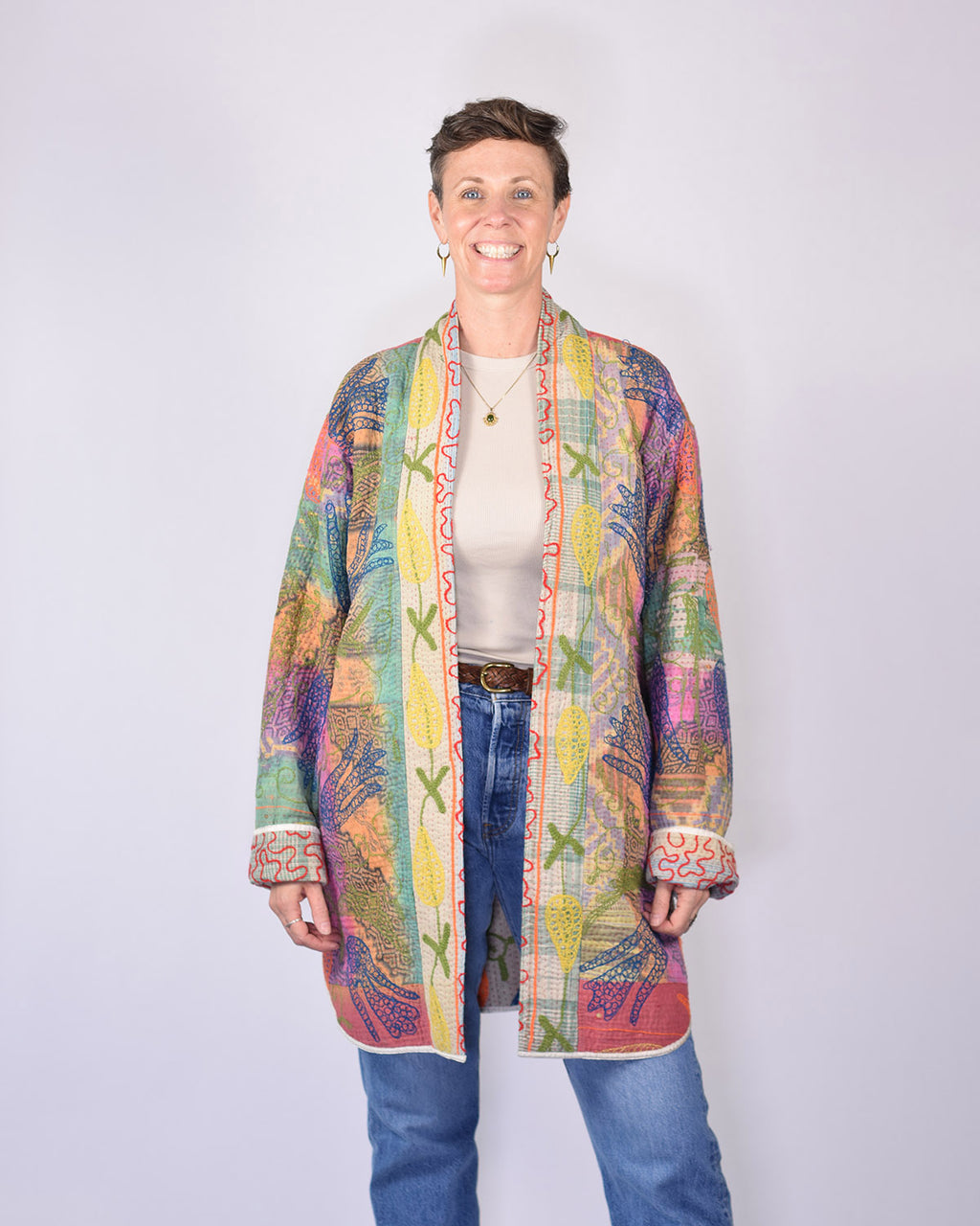 Frankie Long Quilted Reversible Patchwork Kantha Jacket - 01