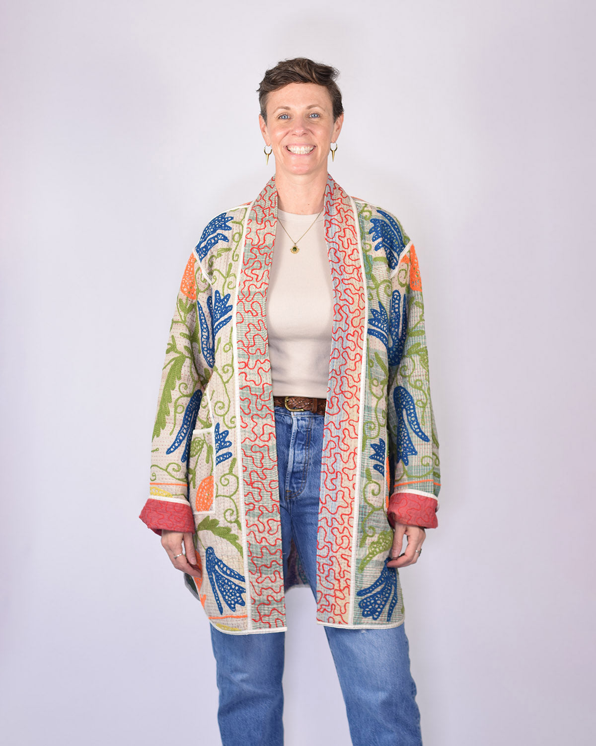 Frankie Long Quilted Reversible Patchwork Kantha Jacket - 01