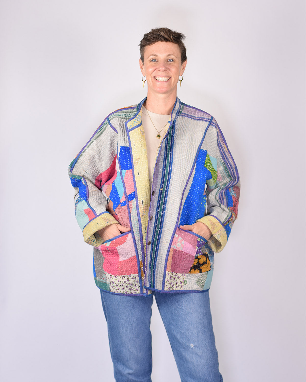 Charlie Extended / Oversized Fit - Quilted Reversible Patchwork Kantha Jacket - 20