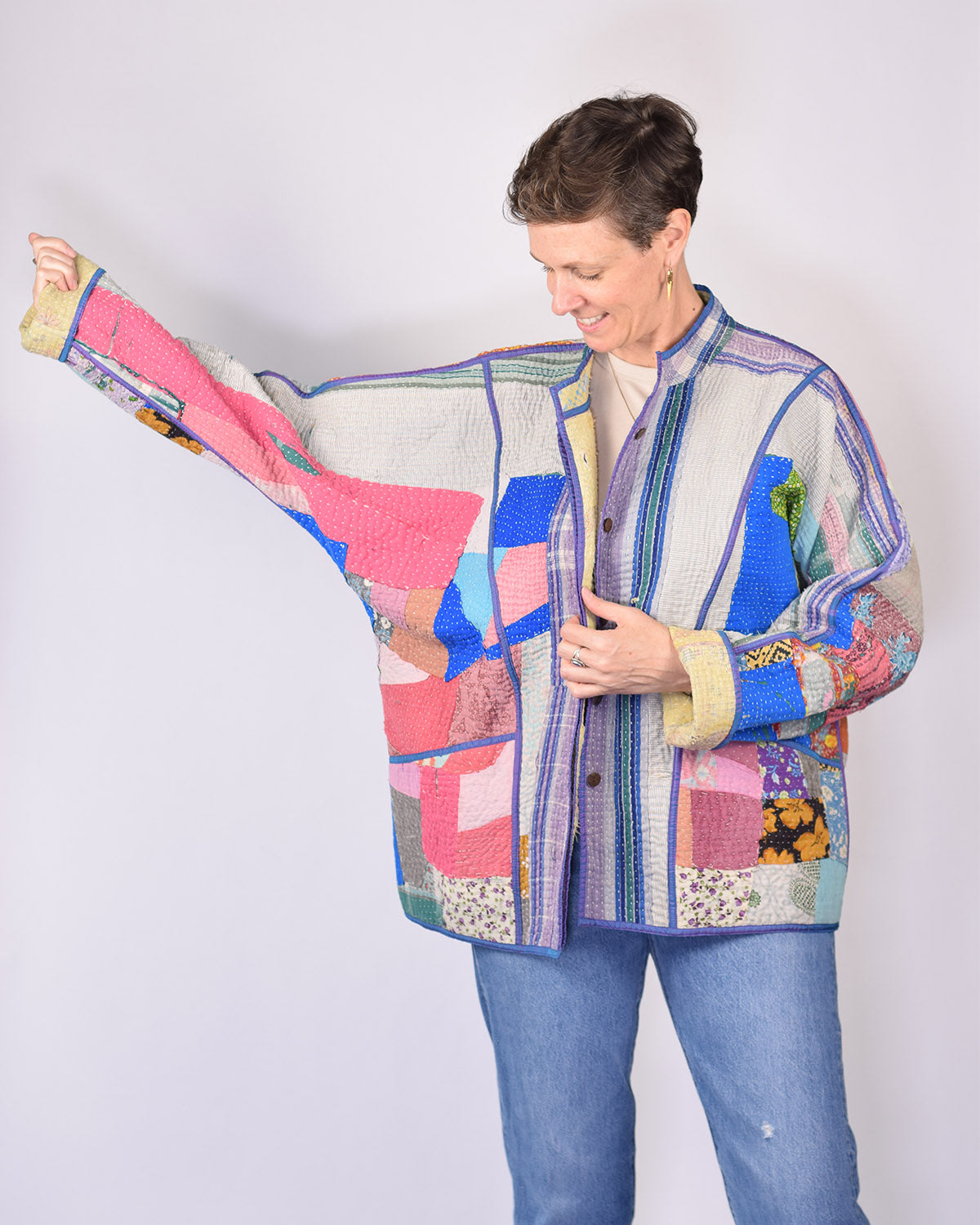 Charlie Extended / Oversized Fit - Quilted Reversible Patchwork Kantha Jacket - 20
