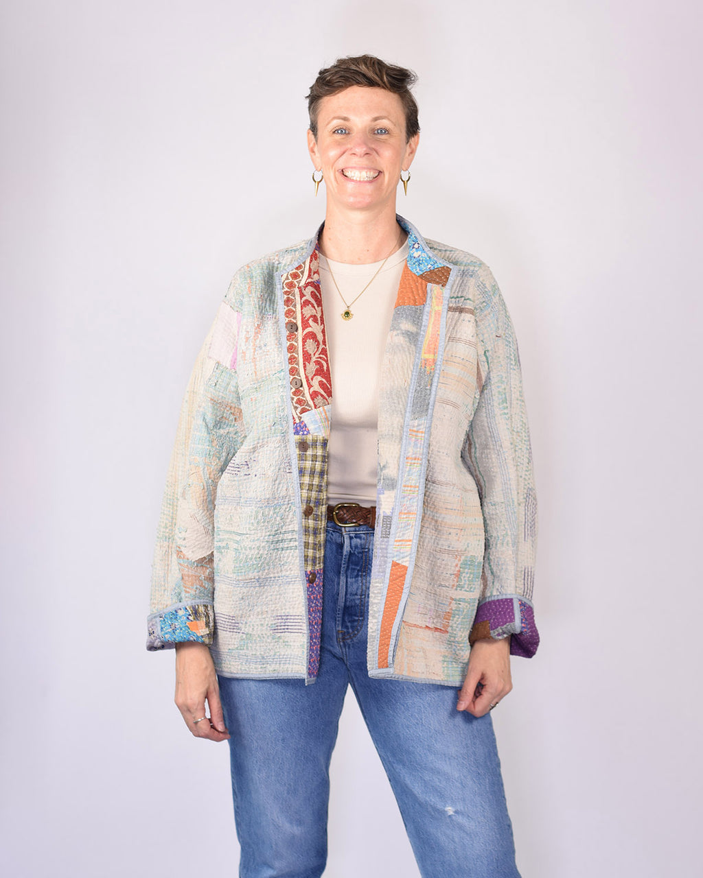 Charlie Extended / Oversized Fit - Quilted Reversible Patchwork Kantha Jacket - 11