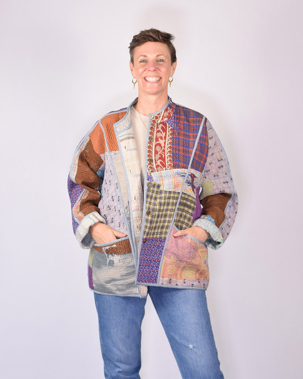 Charlie Extended / Oversized Fit - Quilted Reversible Patchwork Kantha Jacket - 11