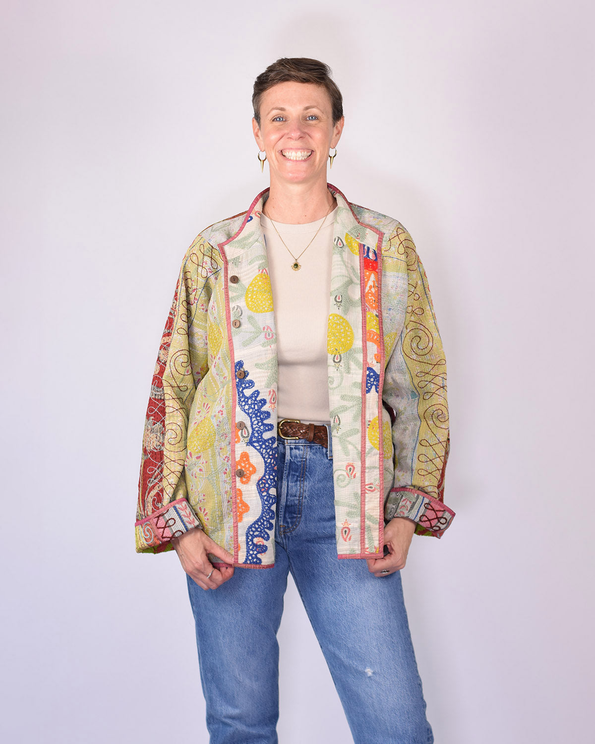 Charlie Extended / Oversized Fit - Quilted Reversible Patchwork Kantha Jacket - 19