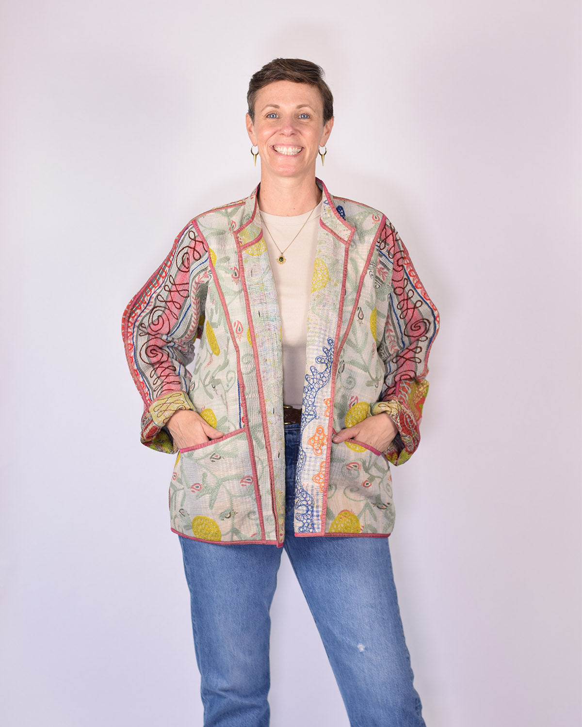 Charlie Extended / Oversized Fit - Quilted Reversible Patchwork Kantha Jacket - 19