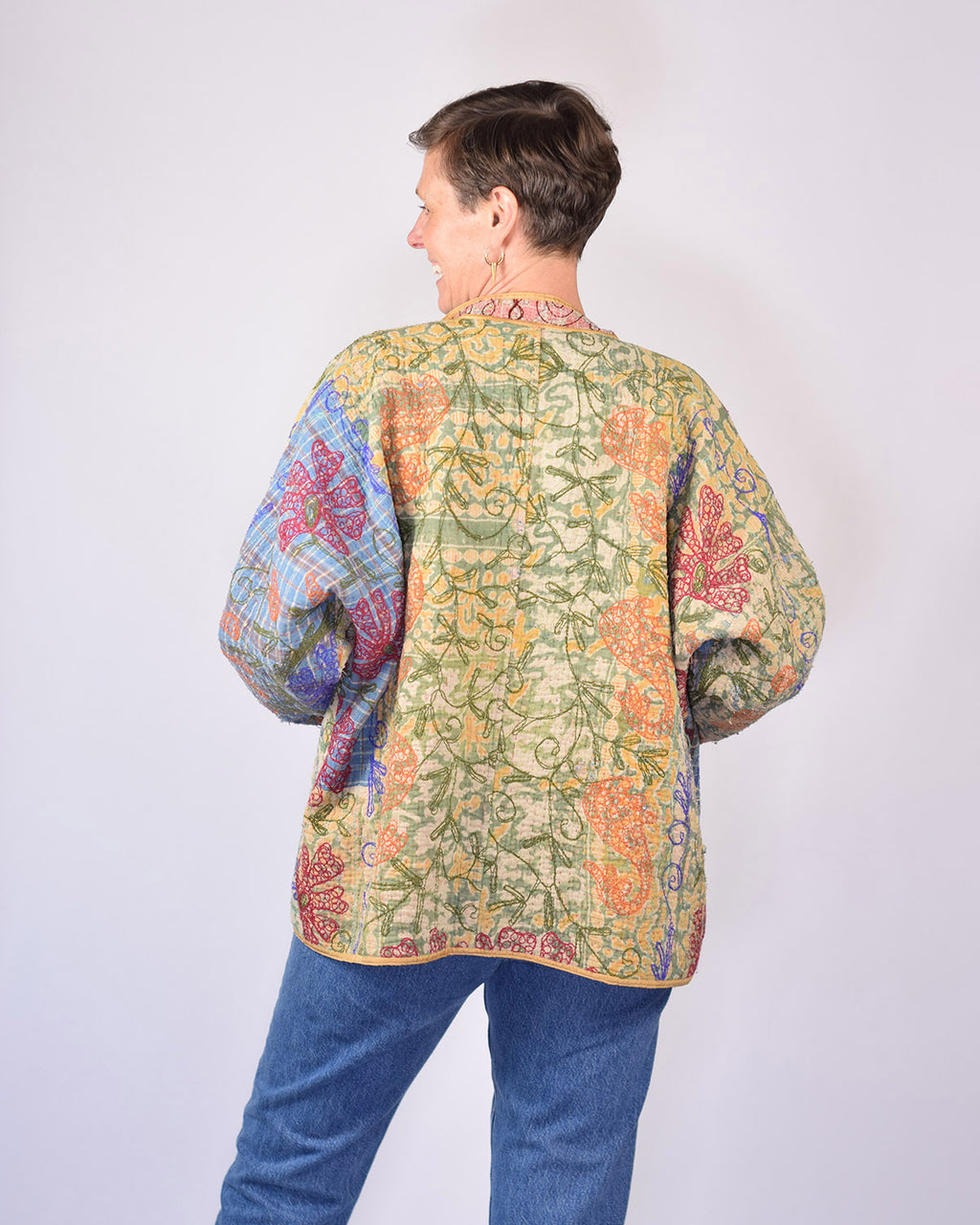 Charlie Extended / Oversized Fit - Quilted Reversible Patchwork Kantha Jacket - 17