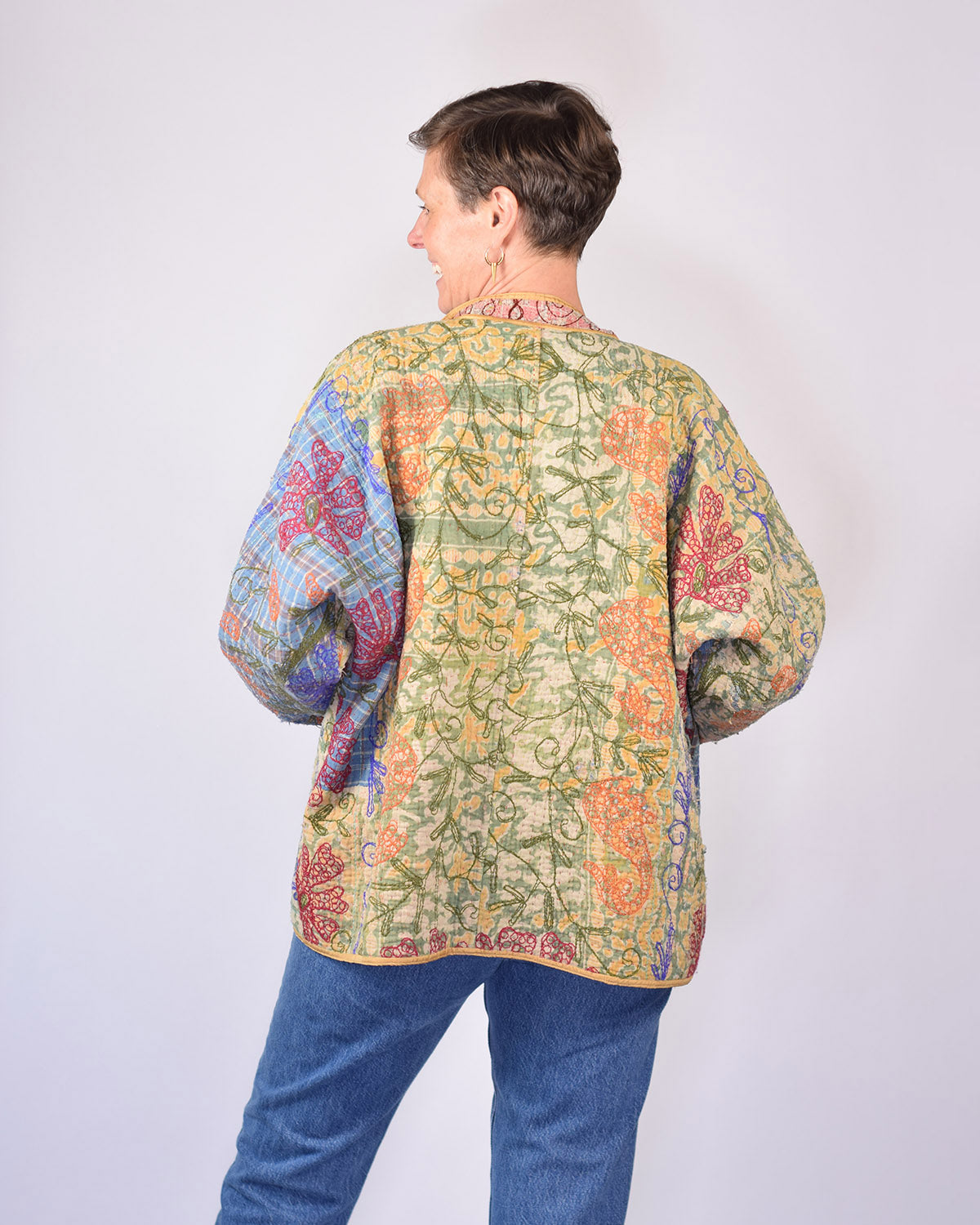 Charlie Extended / Oversized Fit - Quilted Reversible Patchwork Kantha Jacket - 17