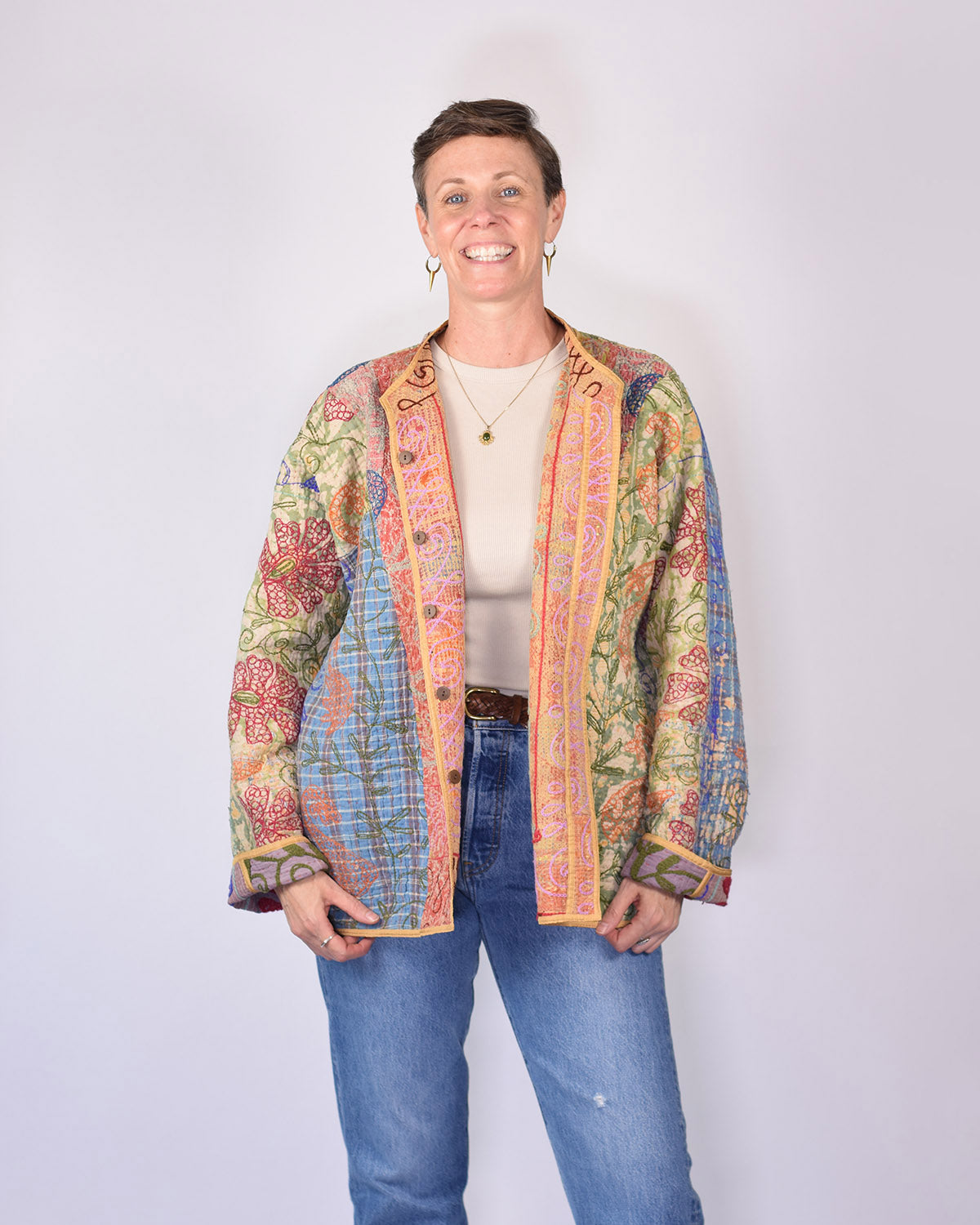 Charlie Extended / Oversized Fit - Quilted Reversible Patchwork Kantha Jacket - 17