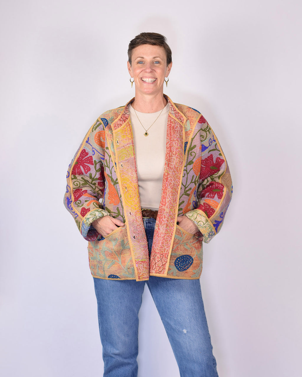 Charlie Extended / Oversized Fit - Quilted Reversible Patchwork Kantha Jacket - 17