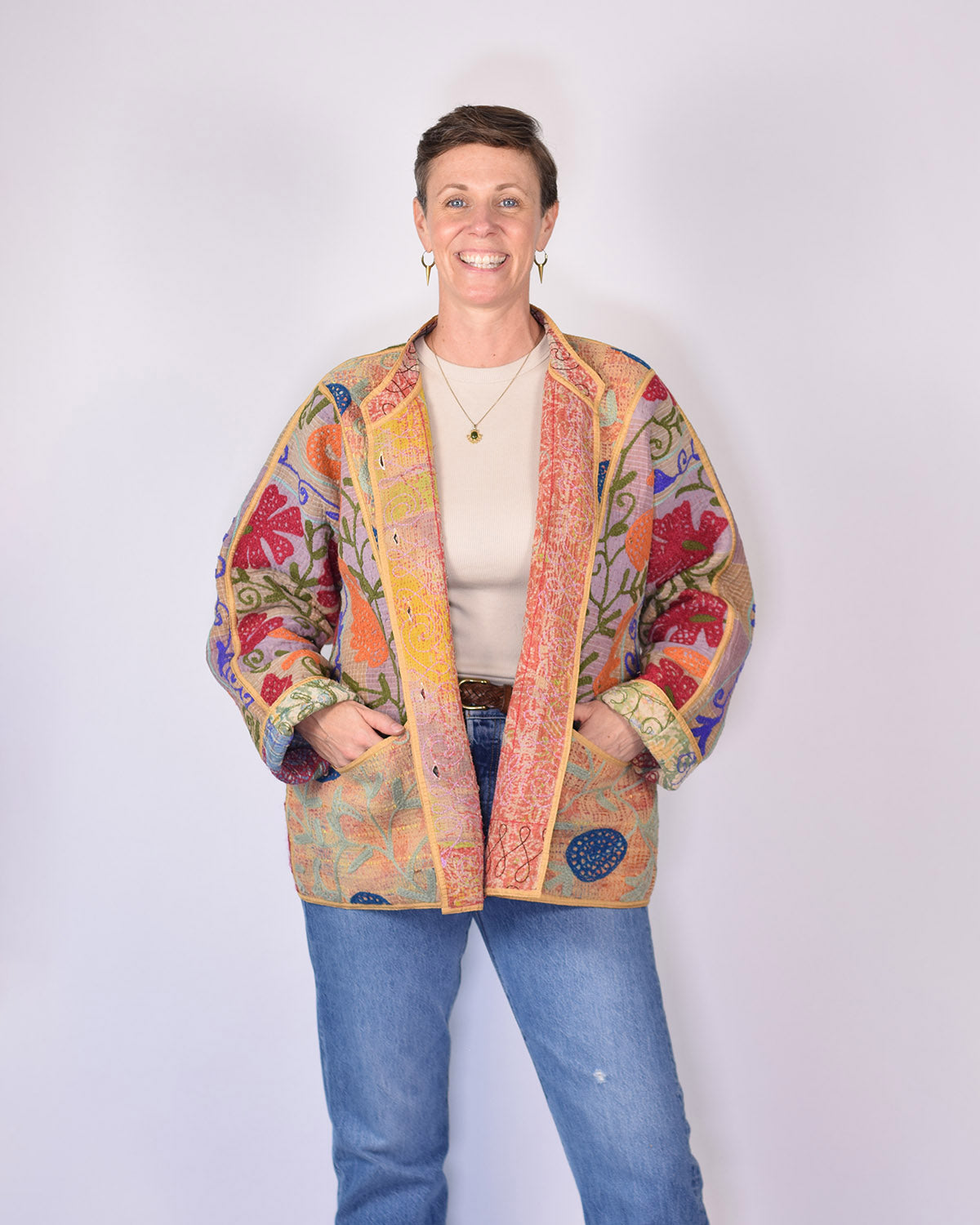 Charlie Extended / Oversized Fit - Quilted Reversible Patchwork Kantha Jacket - 17