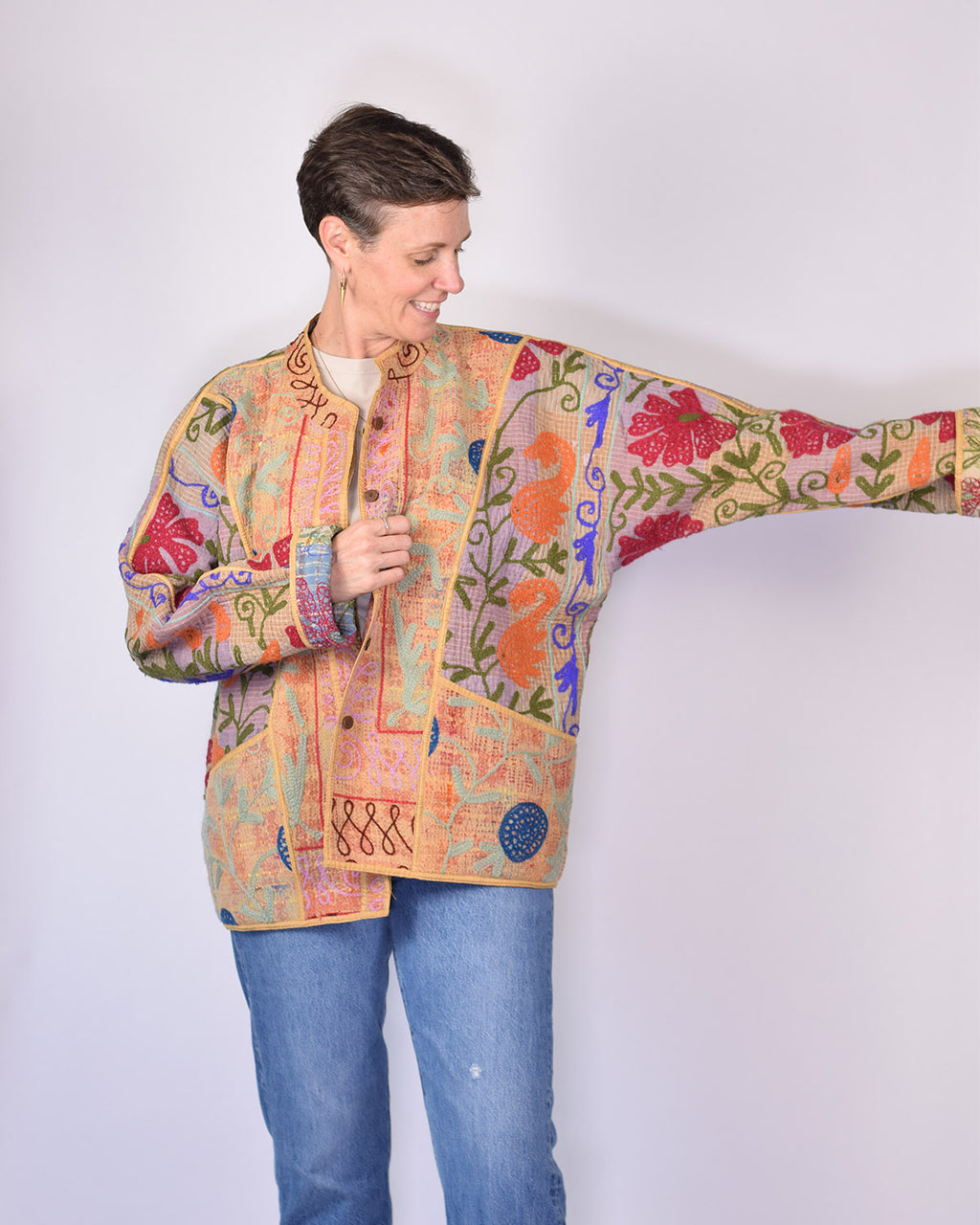 Charlie Extended / Oversized Fit - Quilted Reversible Patchwork Kantha Jacket - 17