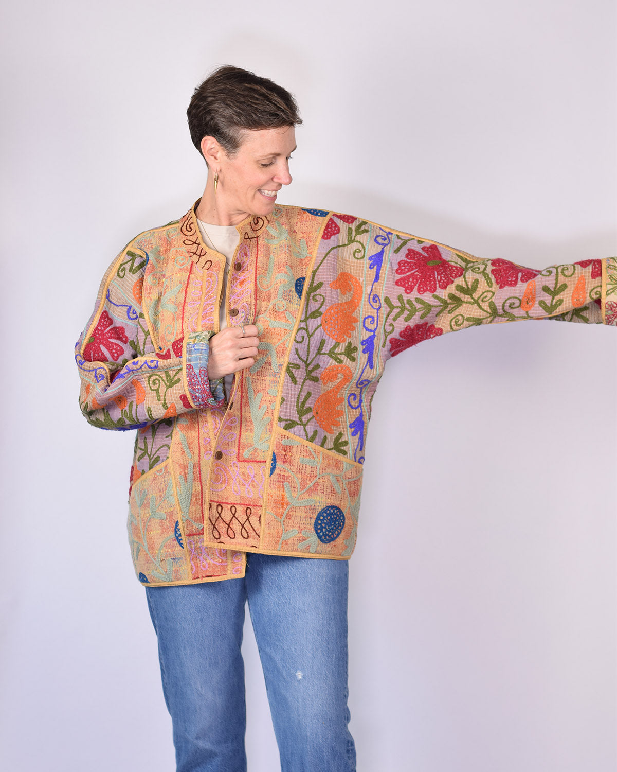Charlie Extended / Oversized Fit - Quilted Reversible Patchwork Kantha Jacket - 17