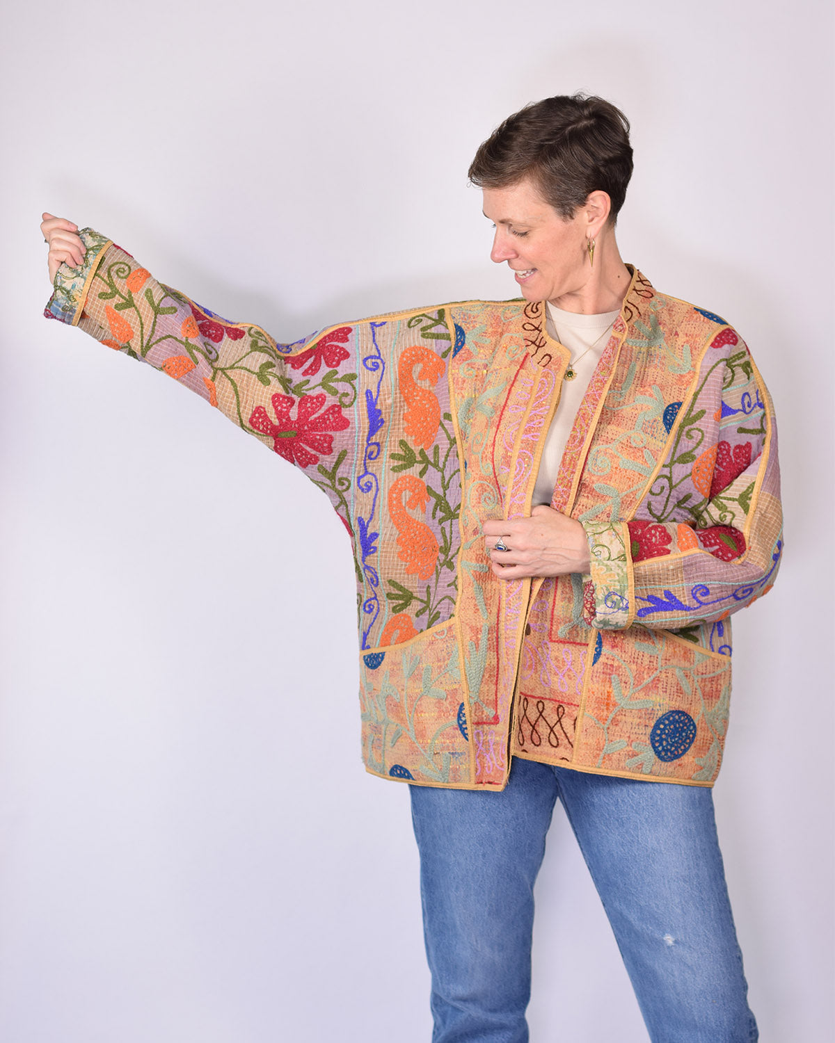Charlie Extended / Oversized Fit - Quilted Reversible Patchwork Kantha Jacket - 17
