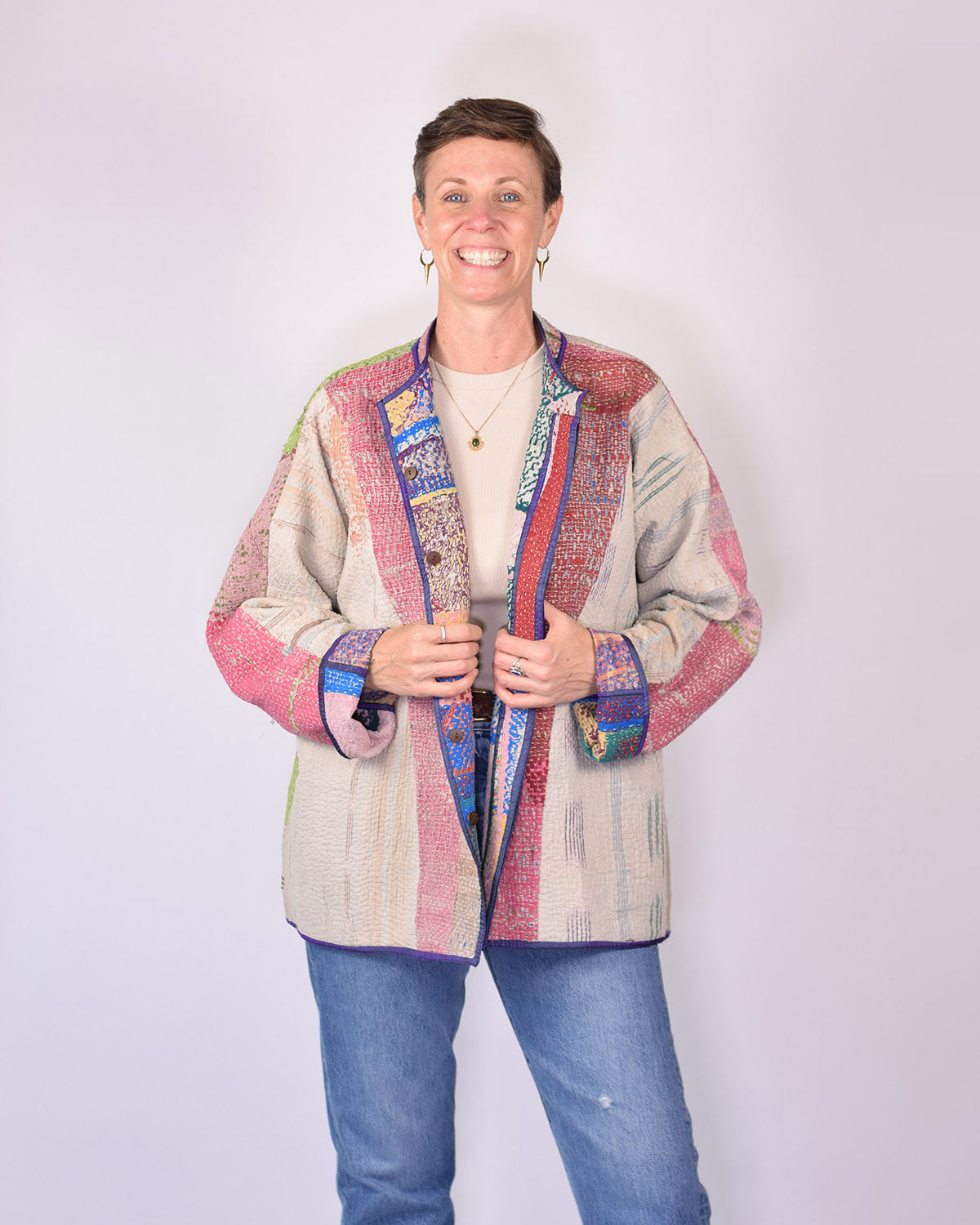 Charlie Extended / Oversized Fit - Quilted Reversible Patchwork Kantha Jacket - 07