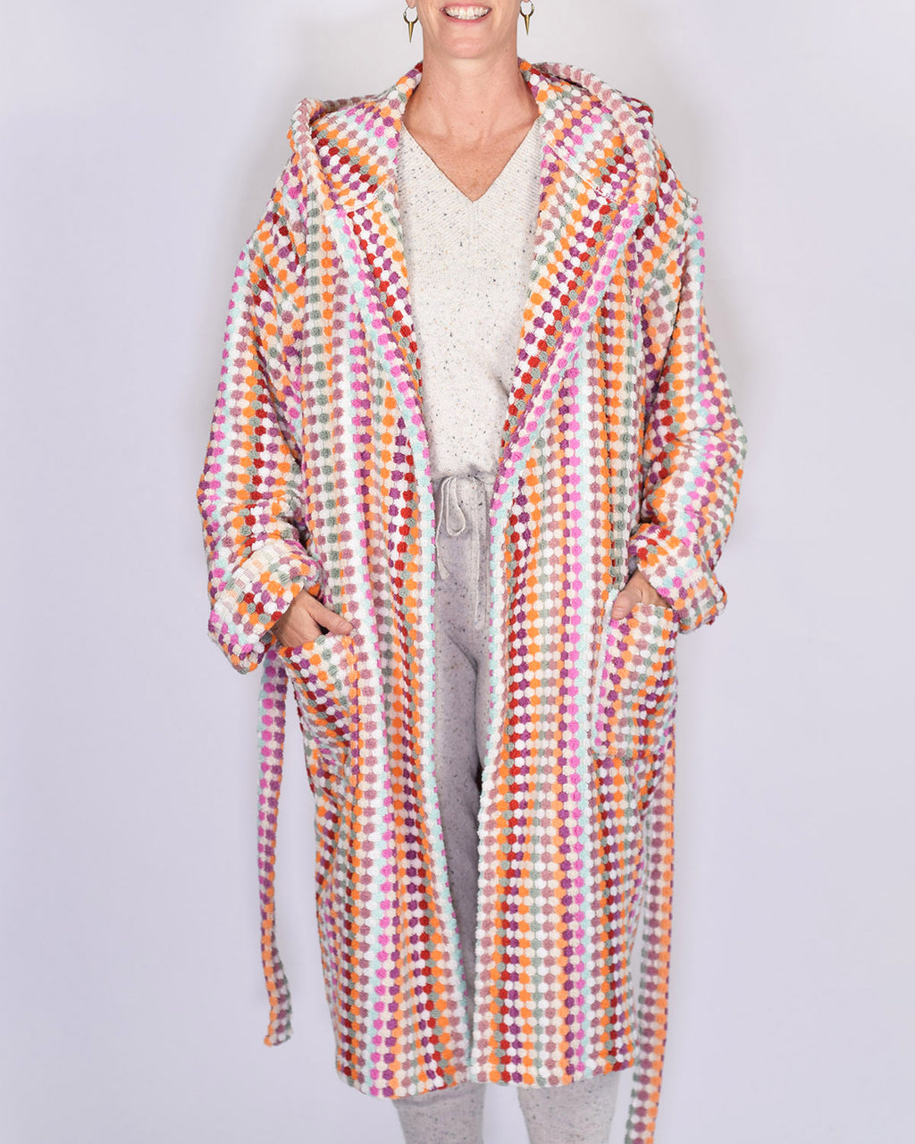 Turkish Cotton Plush Hooded Terry Cloth Robe - Extended / One Size - Desert Checkers