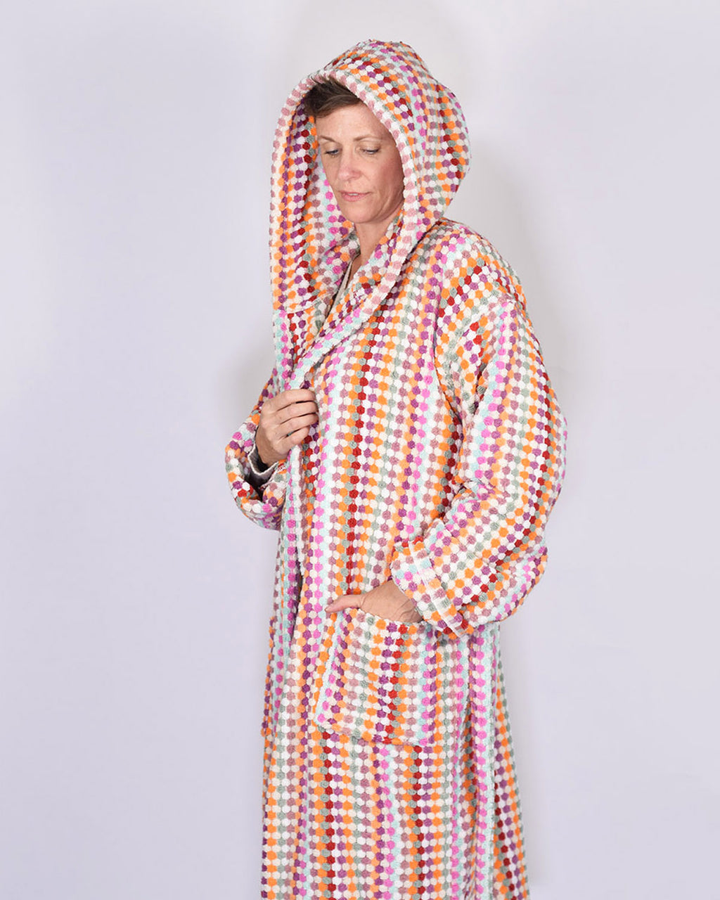 Turkish Cotton Plush Hooded Terry Cloth Robe - Extended / One Size - Desert Checkers