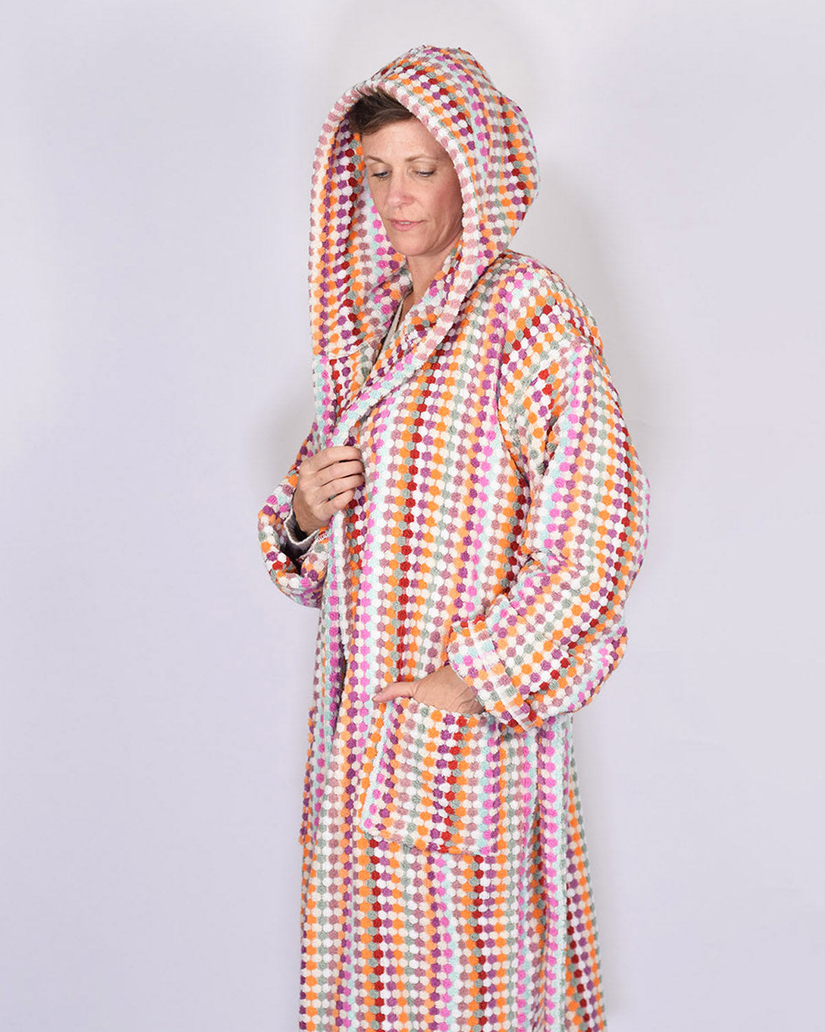 Turkish Cotton Plush Hooded Terry Cloth Robe - Extended / One Size - Desert Checkers