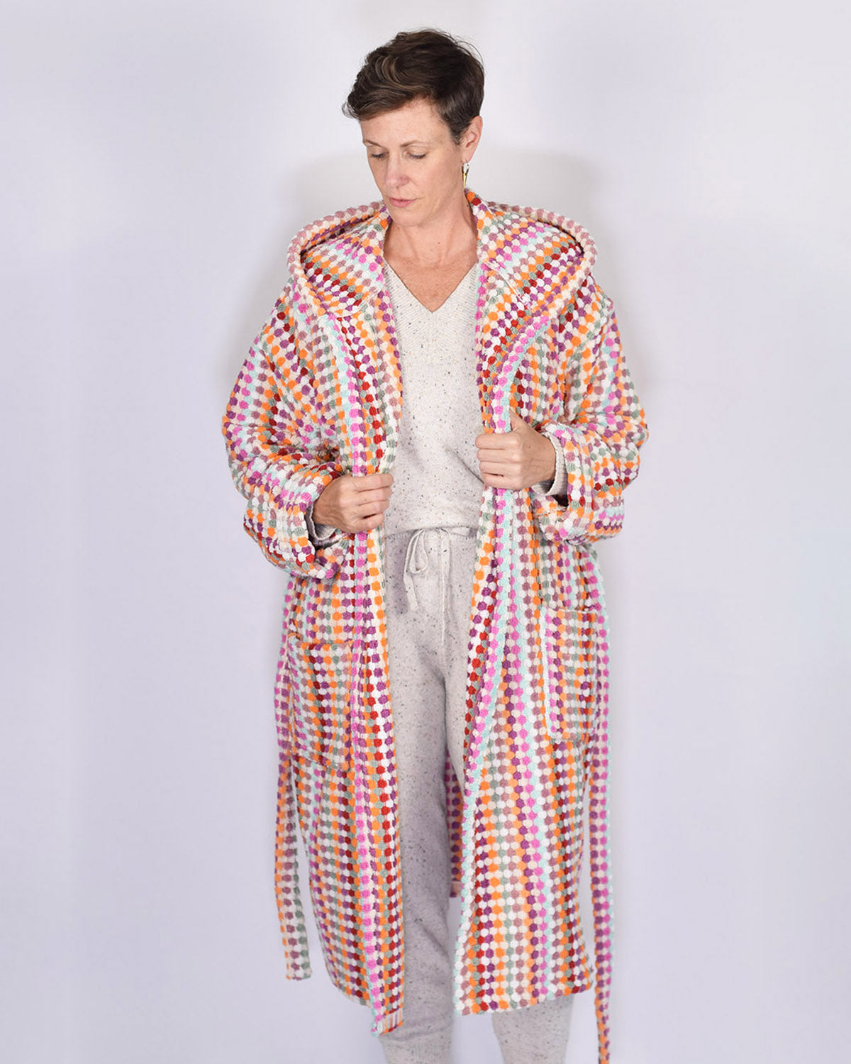Organic Turkish Cotton Plush Hooded Terry Cloth Robe - Desert Checkers