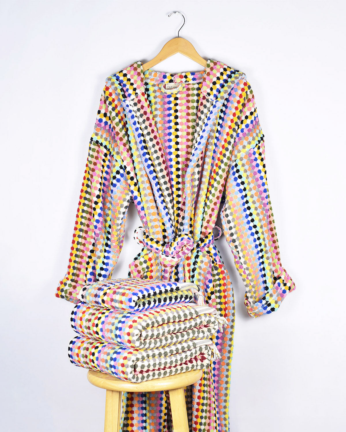 Organic Turkish Cotton Plush Hooded Terry Cloth Robe - Rainbow Checkers