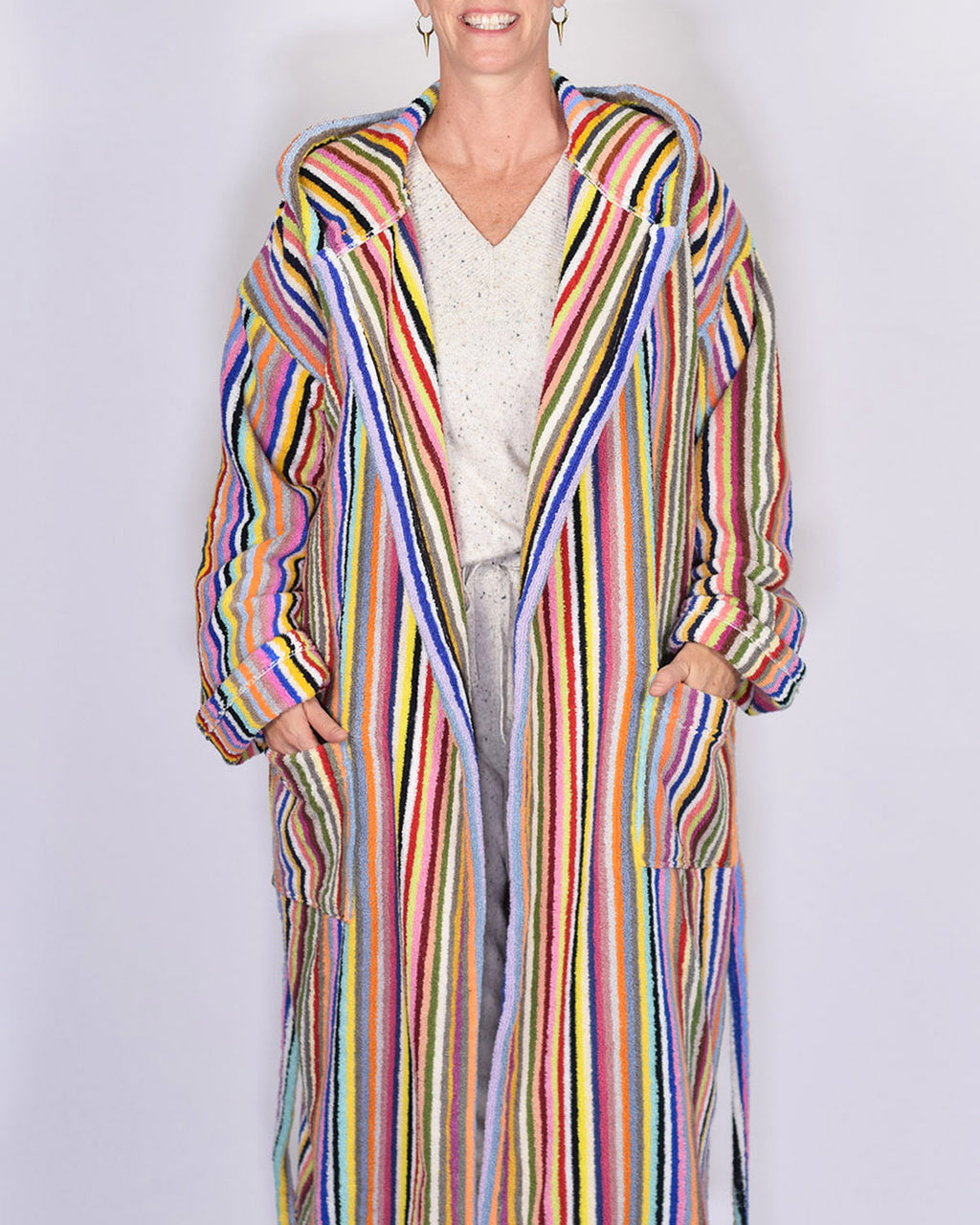 Turkish Cotton Plush Hooded Terry Cloth Robe - Extended / One Size - Rainbow Stripes