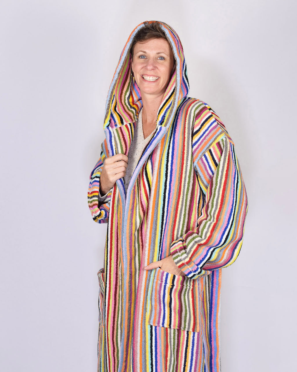 Turkish Cotton Plush Hooded Terry Cloth Robe - Extended / One Size - Rainbow Stripes