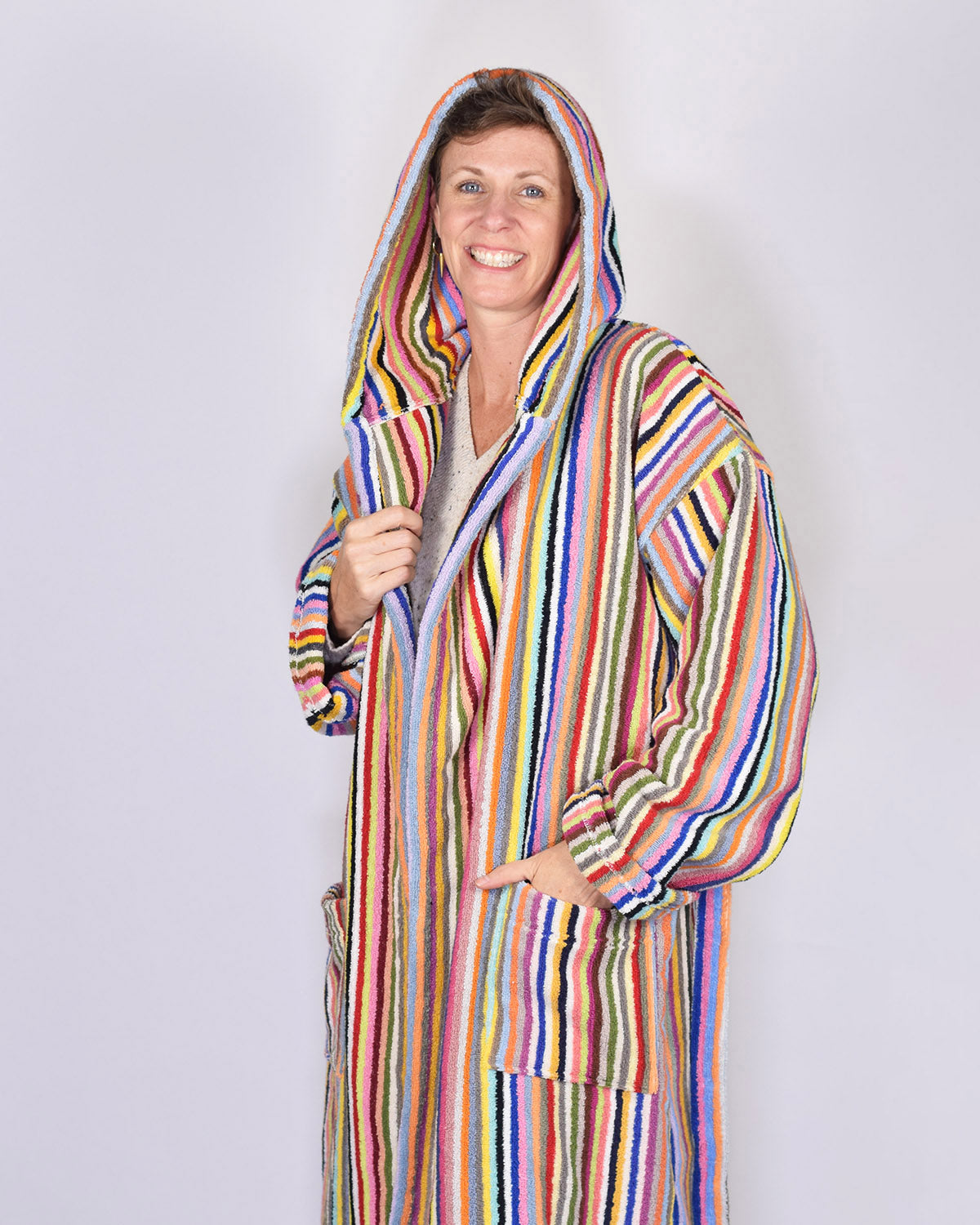 Turkish Cotton Plush Hooded Terry Cloth Robe - Extended / One Size - Rainbow Stripes
