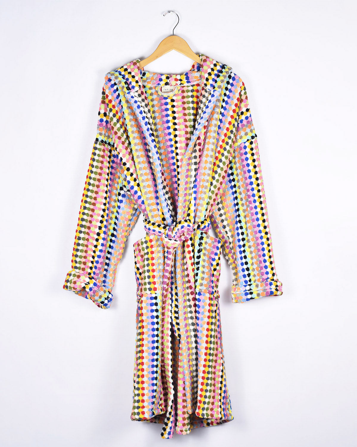 Organic Turkish Cotton Plush Hooded Terry Cloth Robe - Rainbow Checkers