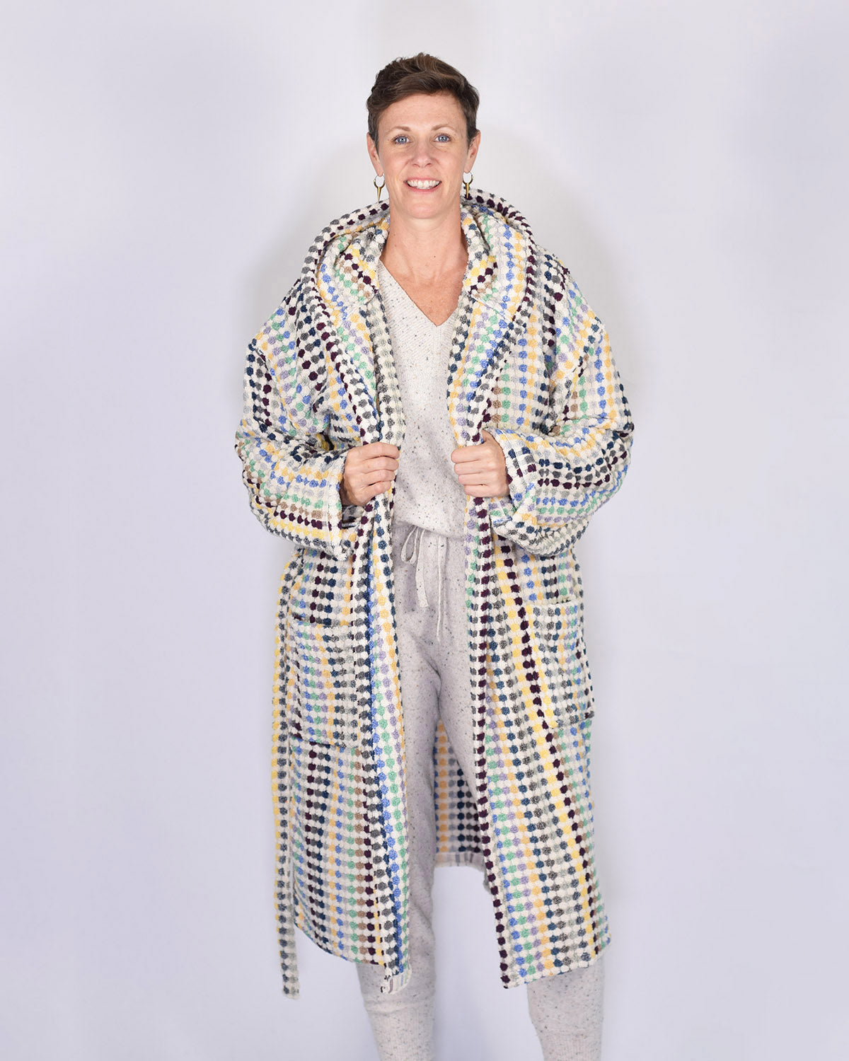 Organic Turkish Cotton Plush Hooded Terry Cloth Robe - Sunbeam Checkers
