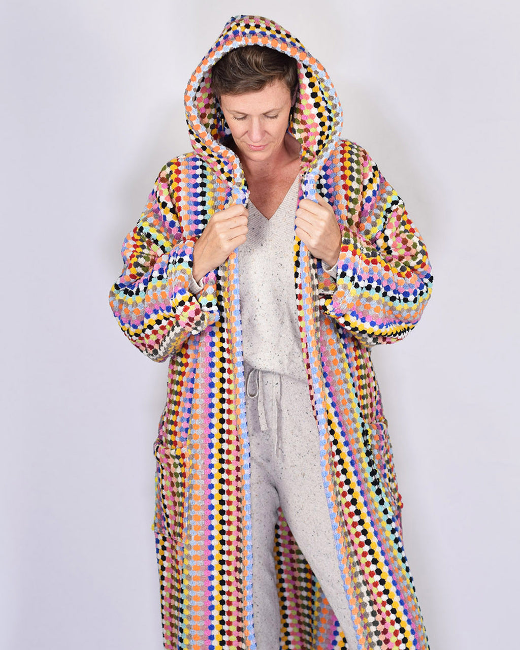 Turkish Cotton Plush Hooded Terry Cloth Robe - Extended / One Size - Rainbow Checkers
