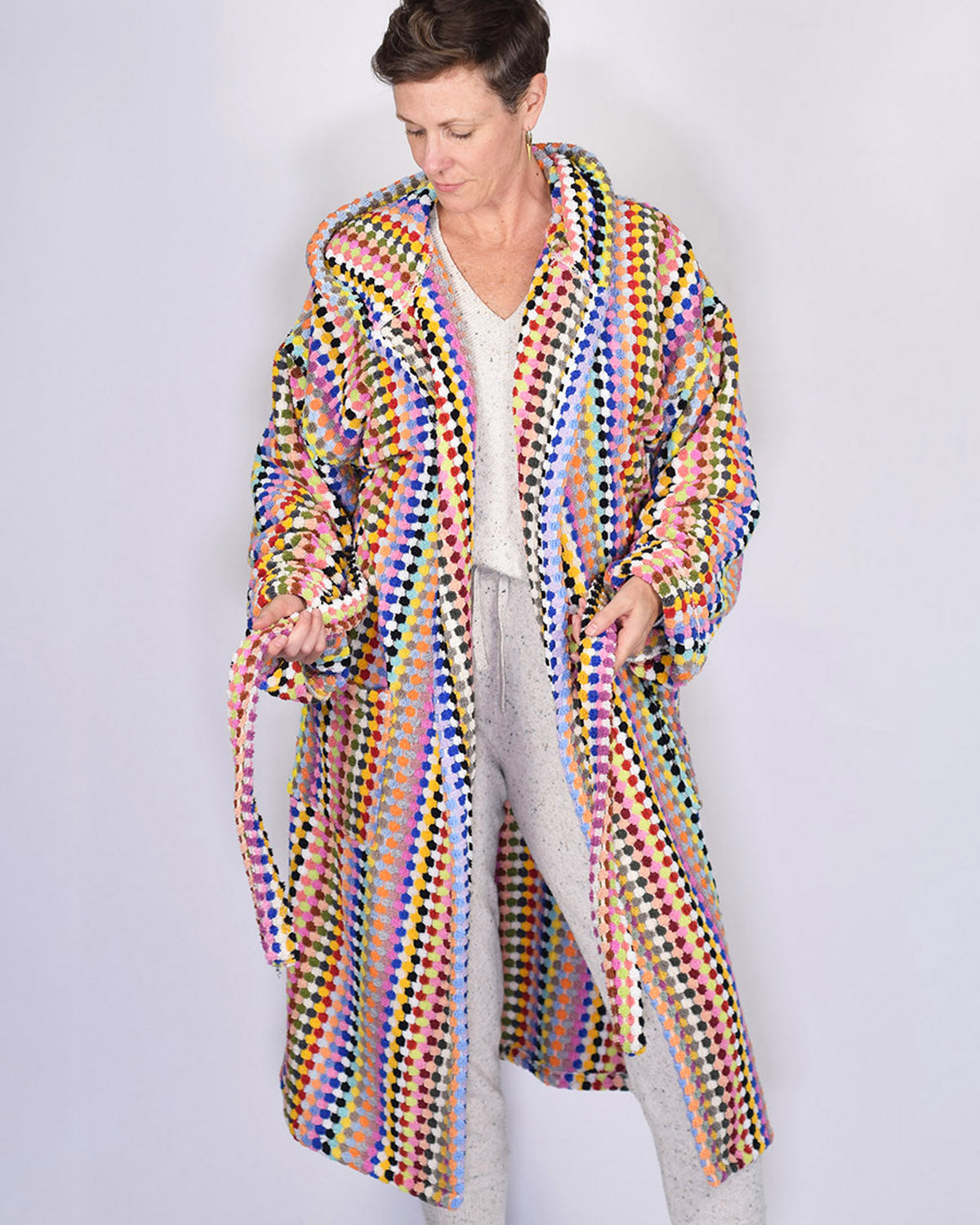 Turkish Cotton Plush Hooded Terry Cloth Robe - Extended / One Size - Rainbow Checkers