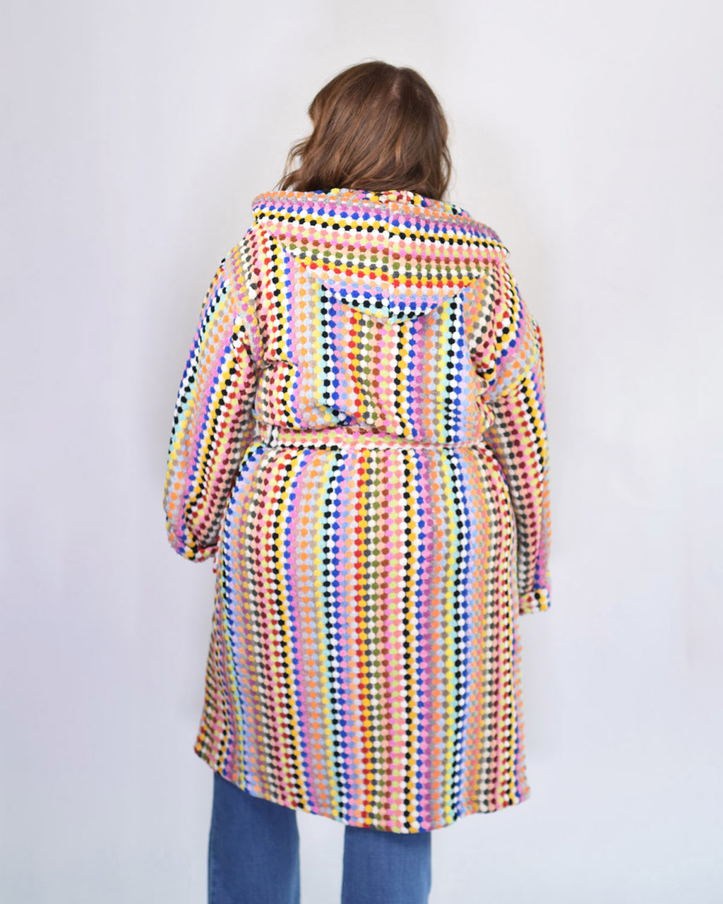 Turkish Cotton Plush Hooded Terry Cloth Robe - Extended / One Size - Rainbow Checkers