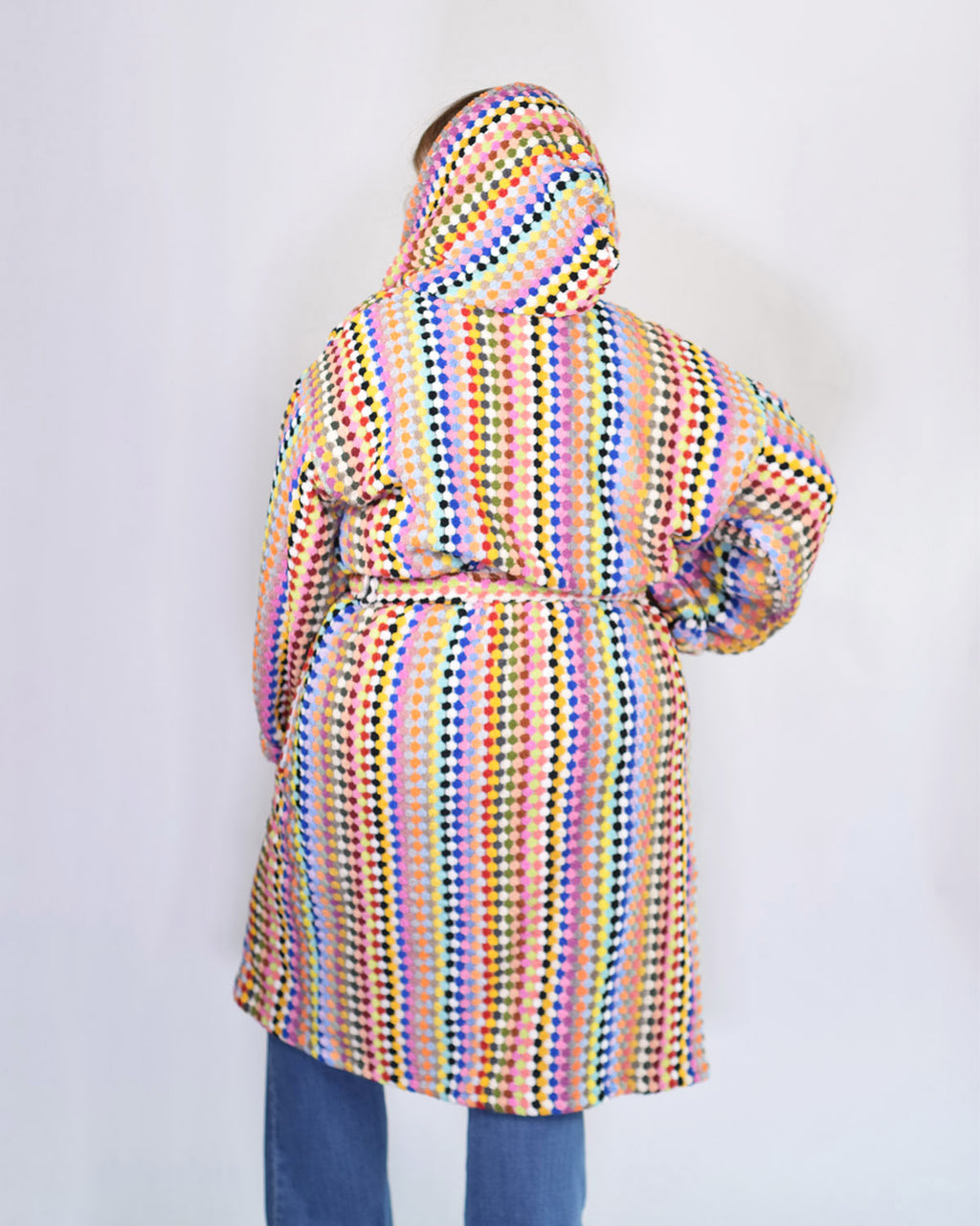 Turkish Cotton Plush Hooded Terry Cloth Robe - Extended / One Size - Rainbow Checkers