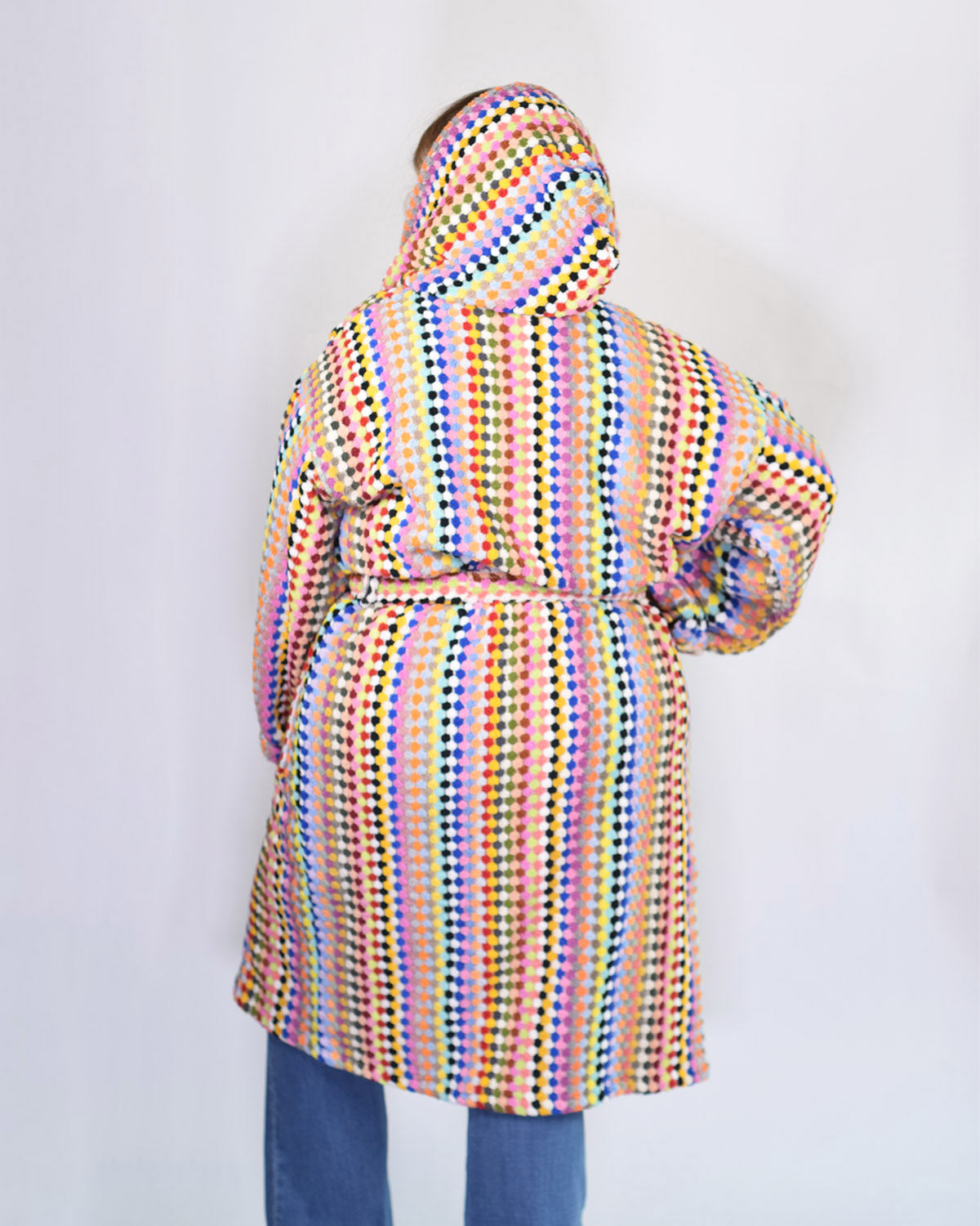 Turkish Cotton Plush Hooded Terry Cloth Robe - Extended / One Size - Rainbow Checkers