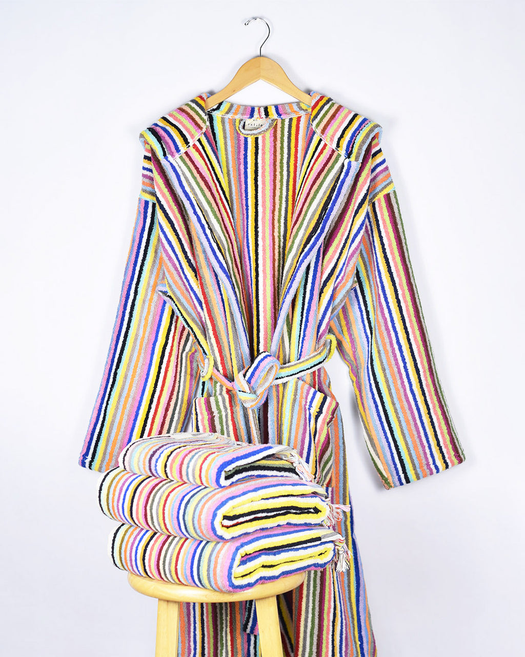 Organic Turkish Cotton Plush Hooded Terry Cloth Robe - Rainbow Stripes