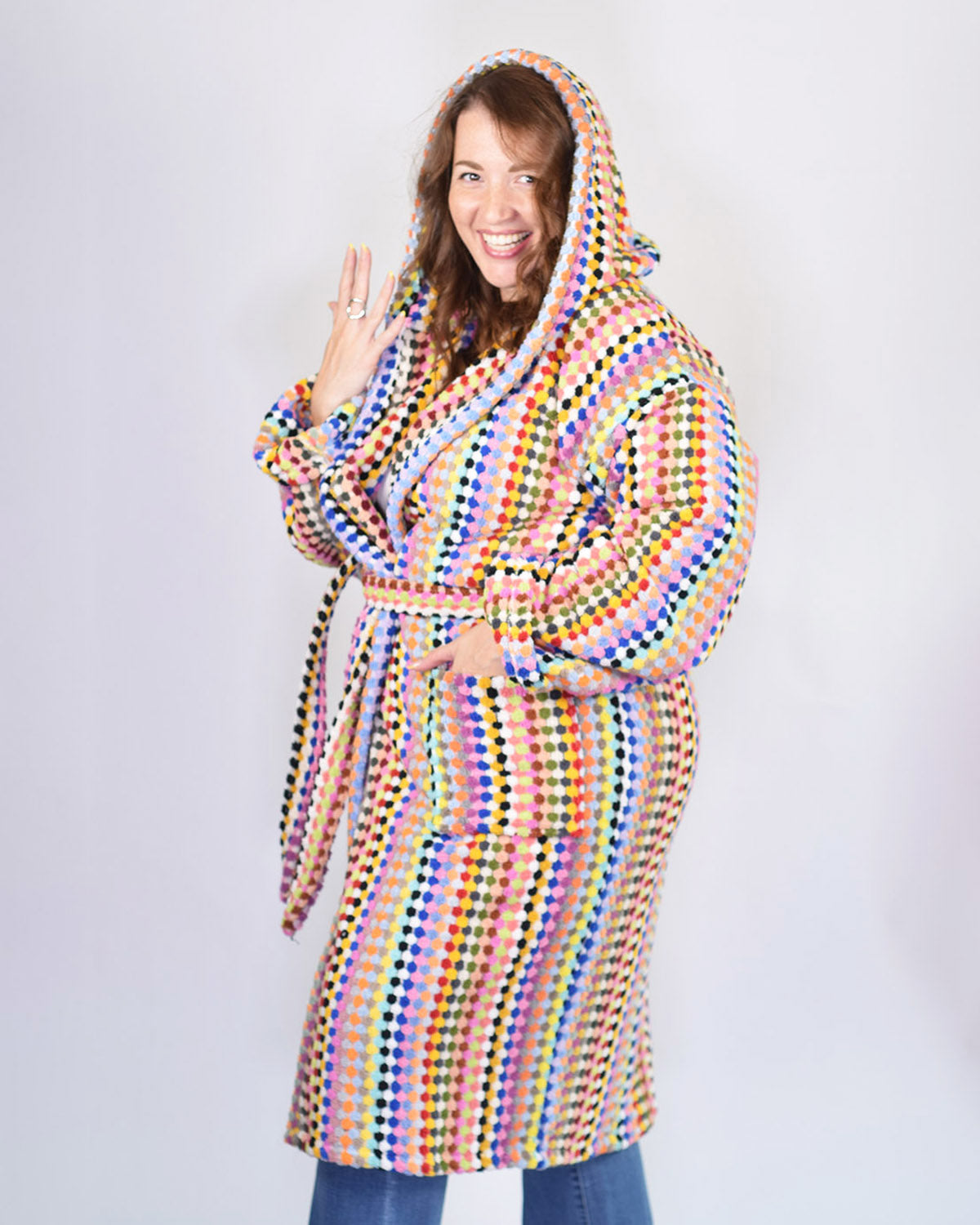 Turkish Cotton Plush Hooded Terry Cloth Robe - Extended / One Size - Rainbow Checkers
