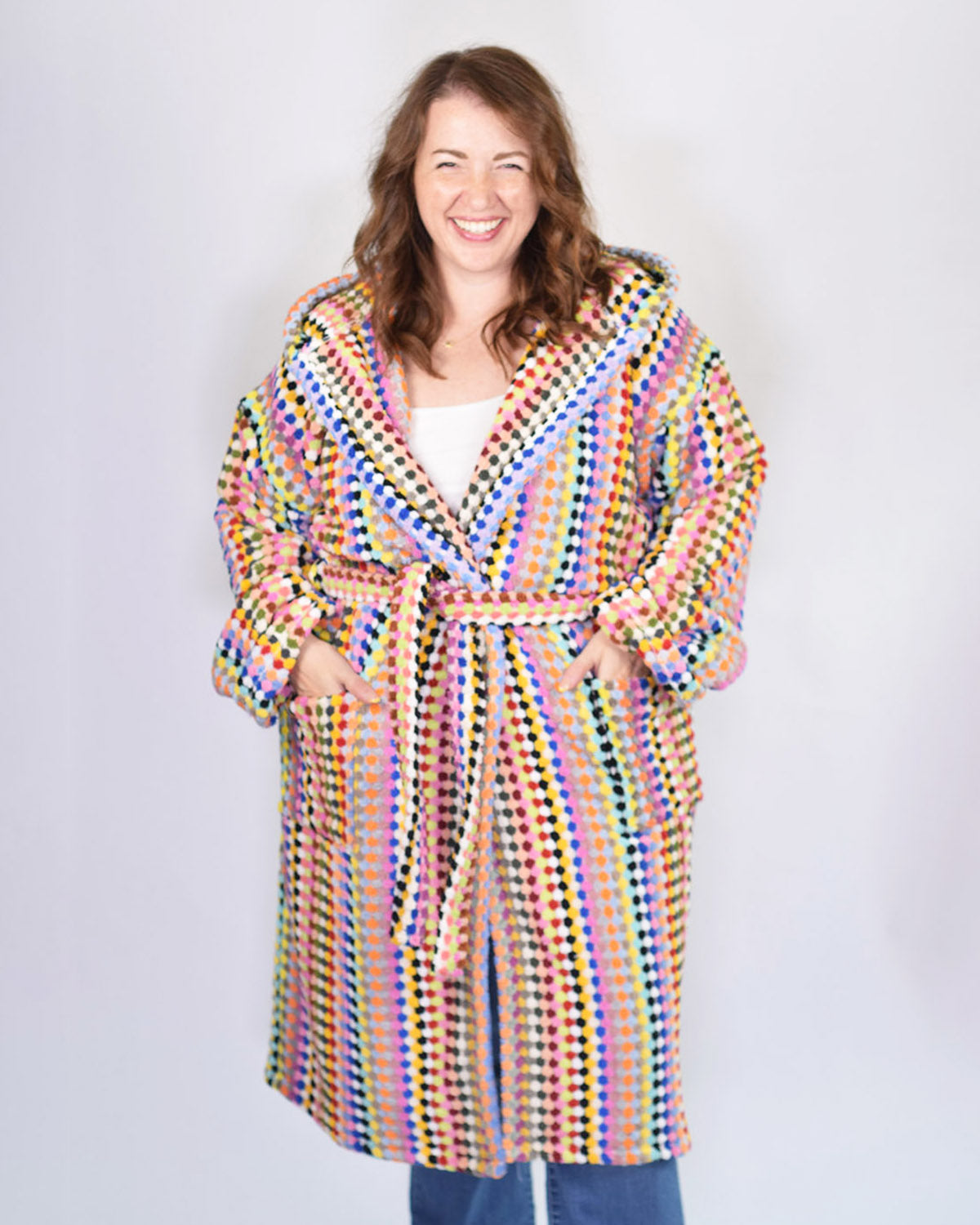 Turkish Cotton Plush Hooded Terry Cloth Robe - Extended / One Size - Rainbow Checkers