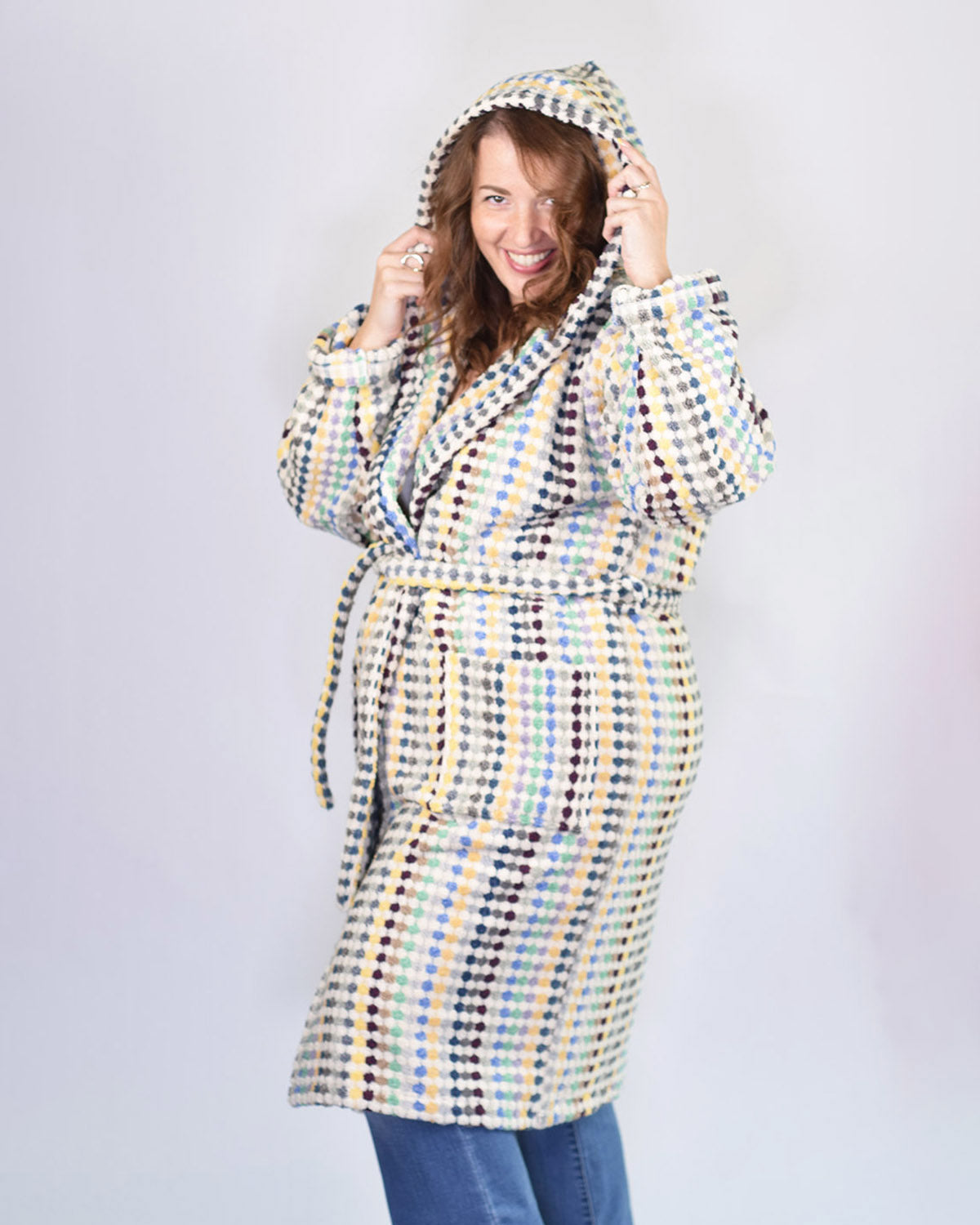 Organic Turkish Cotton Plush Hooded Terry Cloth Robe - Sunbeam Checkers