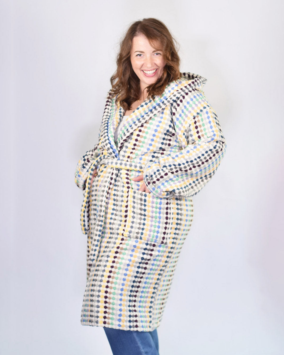 Turkish Cotton Plush Hooded Terry Cloth Robe - Extended / One Size - Sunbeam Checkers