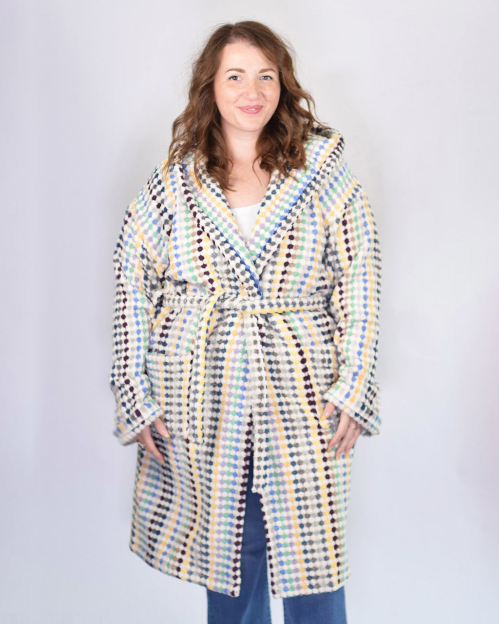 Turkish Cotton Plush Hooded Terry Cloth Robe - Extended / One Size - Sunbeam Checkers