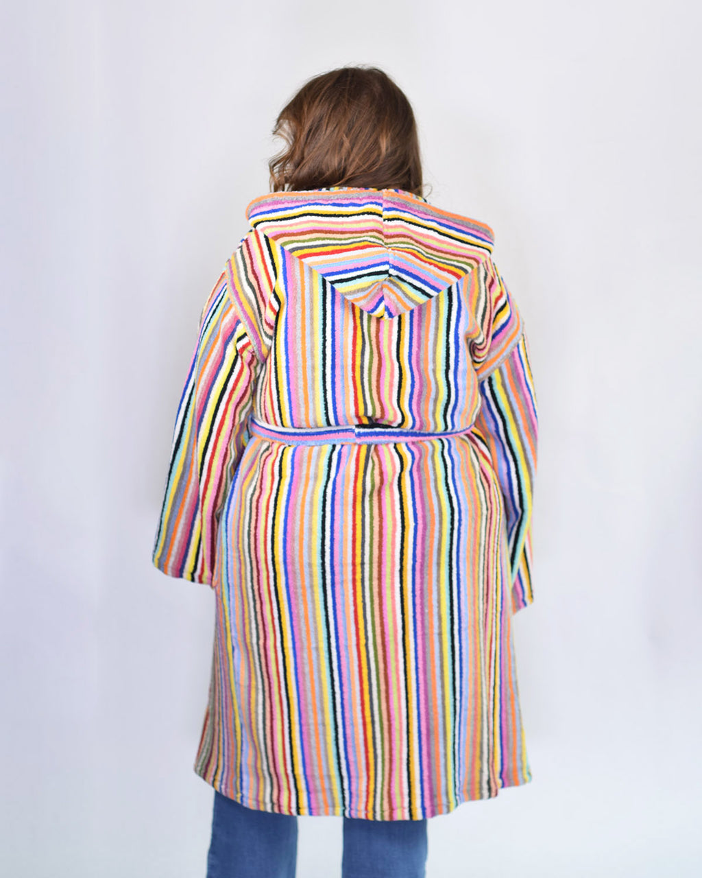 Turkish Cotton Plush Hooded Terry Cloth Robe - Extended / One Size - Rainbow Stripes