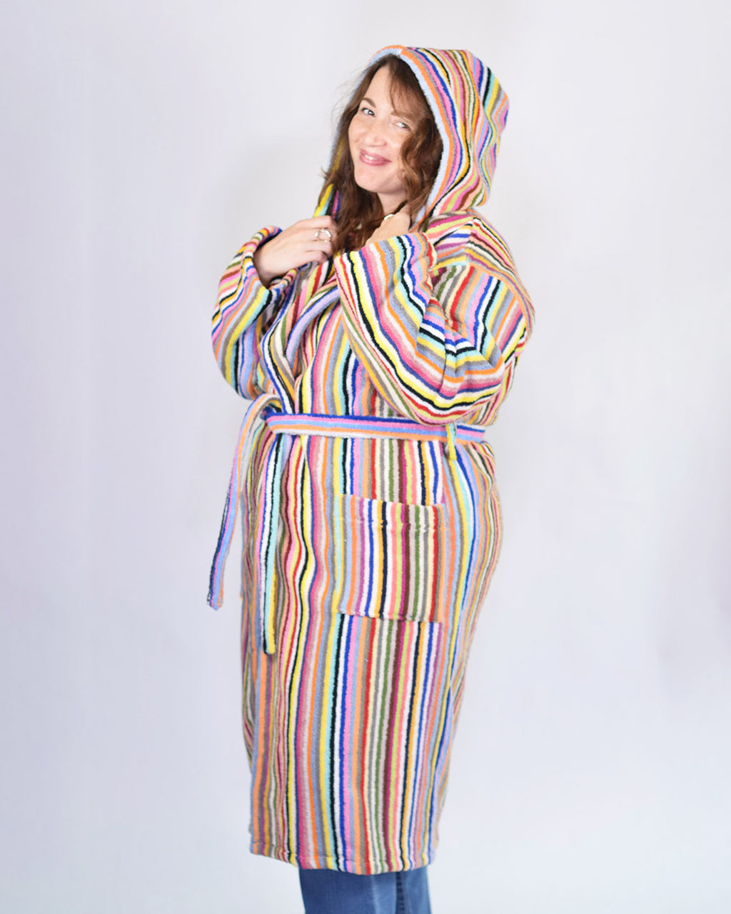 Turkish Cotton Plush Hooded Terry Cloth Robe - Extended / One Size - Rainbow Stripes