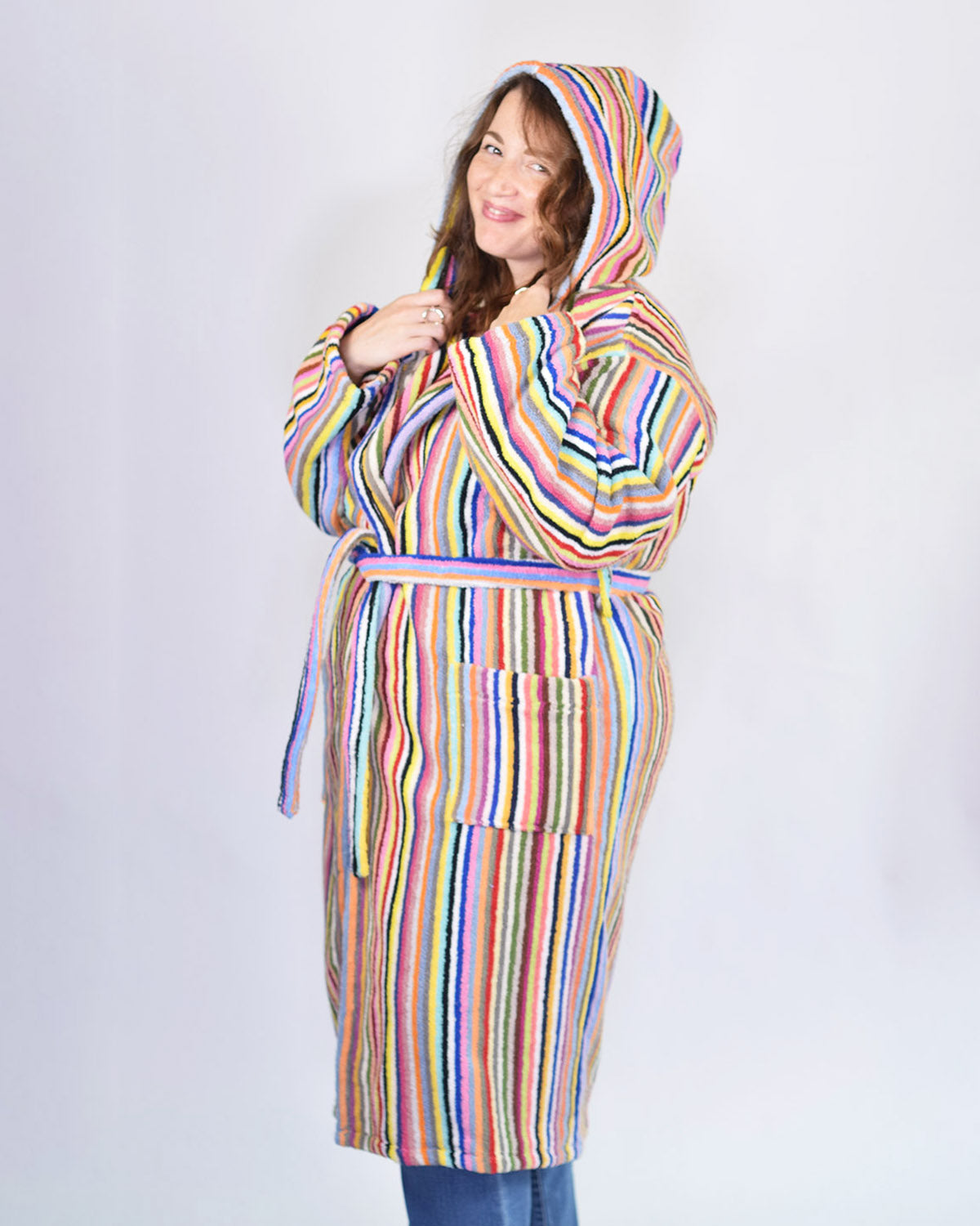 Organic Turkish Cotton Plush Hooded Terry Cloth Robe - Rainbow Stripes