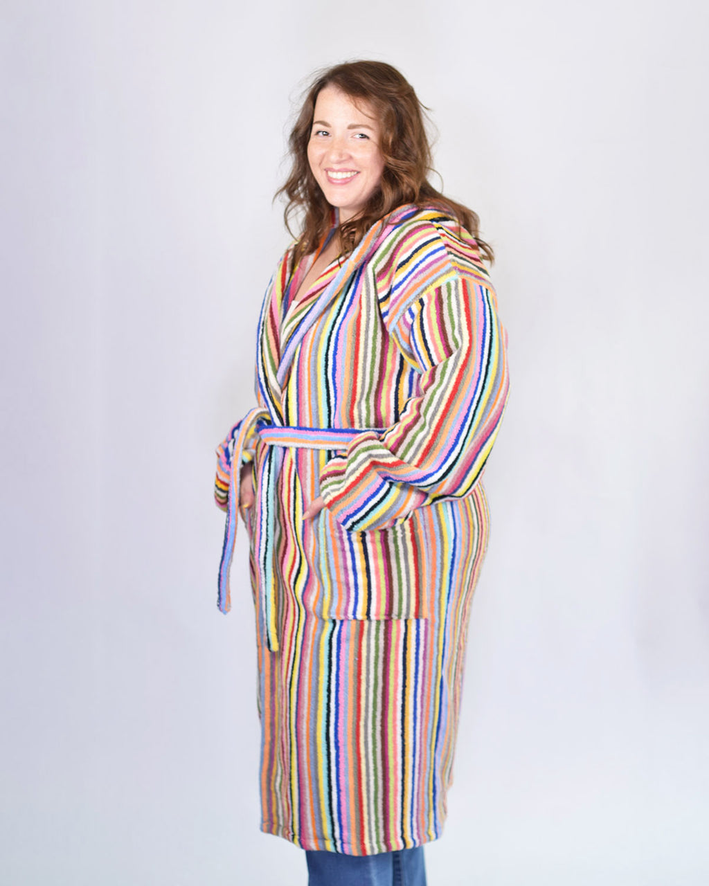 Turkish Cotton Plush Hooded Terry Cloth Robe - Extended / One Size - Rainbow Stripes