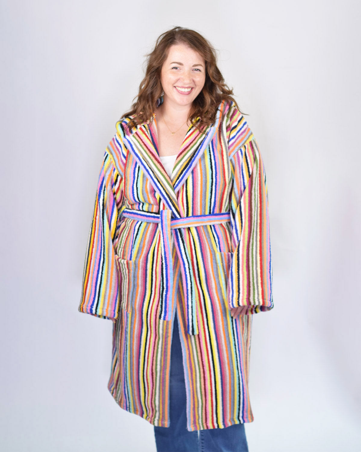 Organic Turkish Cotton Plush Hooded Terry Cloth Robe - Rainbow Stripes
