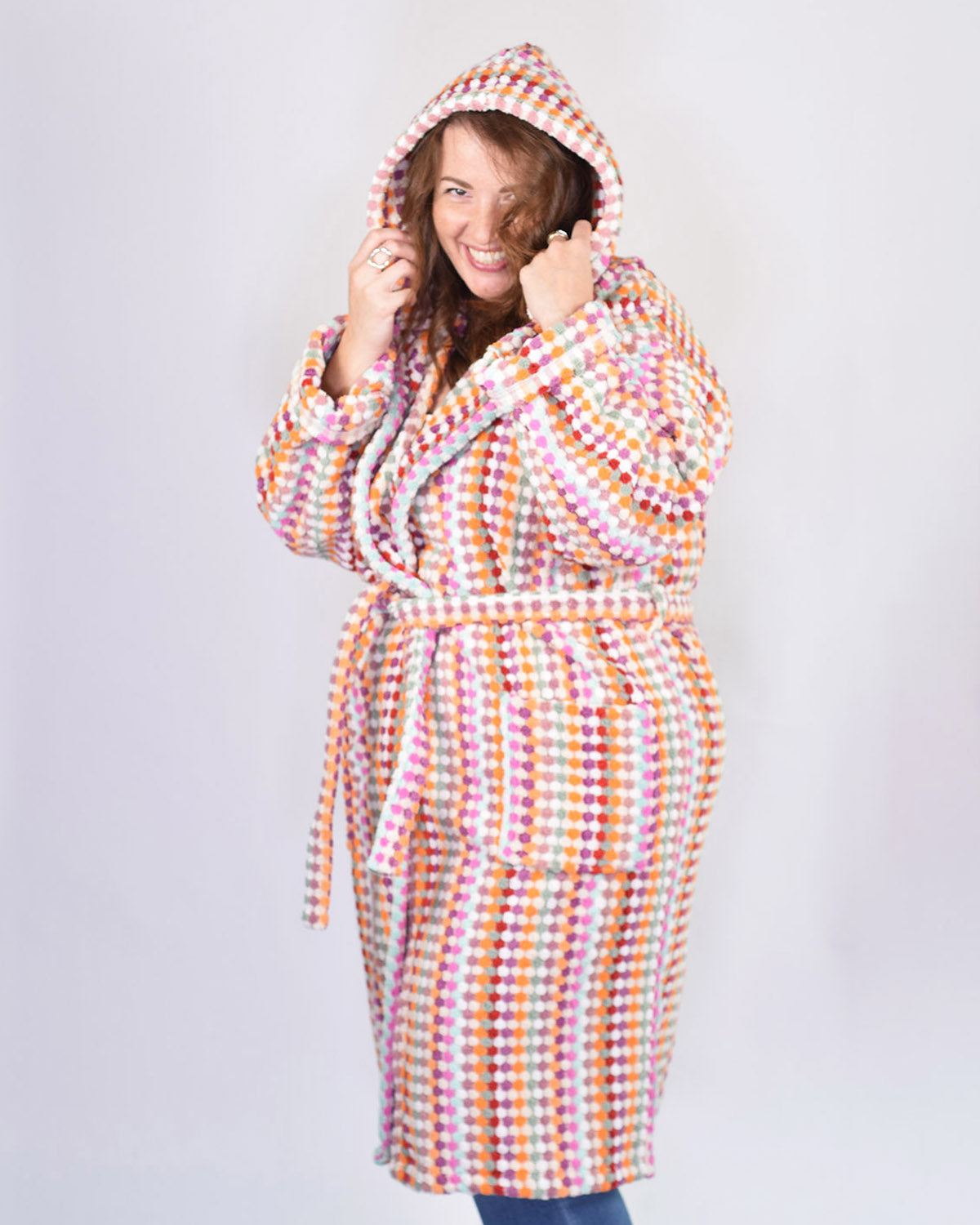 Organic Turkish Cotton Plush Hooded Terry Cloth Robe - Desert Checkers