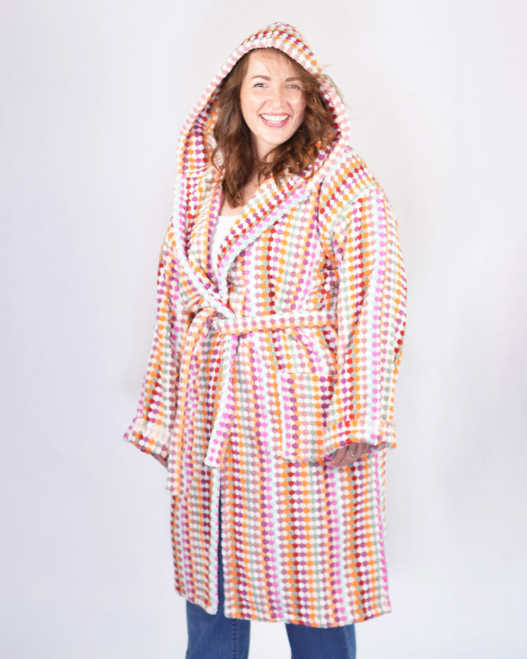 Turkish Cotton Plush Hooded Terry Cloth Robe - Extended / One Size - Desert Checkers