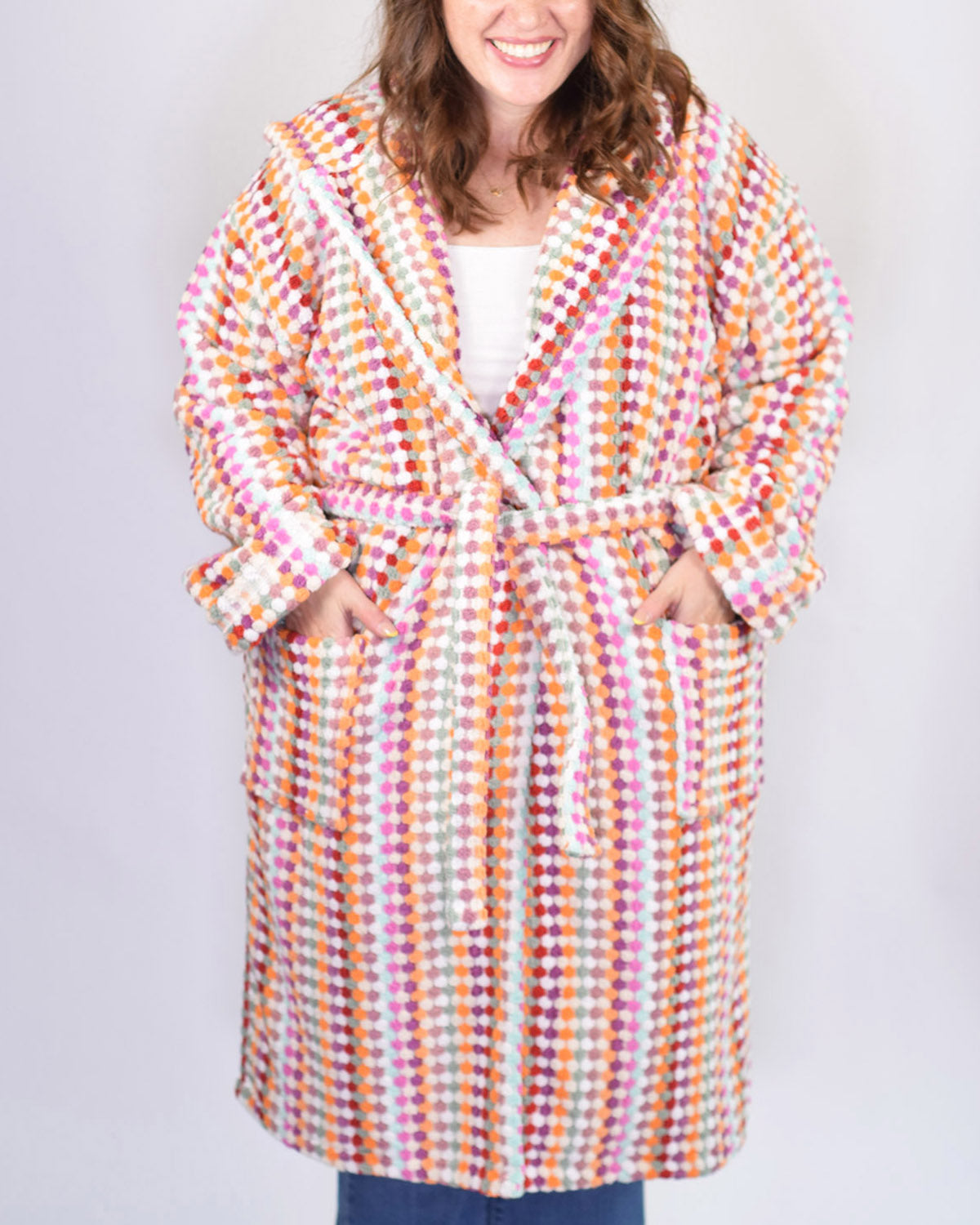 Turkish Cotton Plush Hooded Terry Cloth Robe - Extended / One Size - Desert Checkers