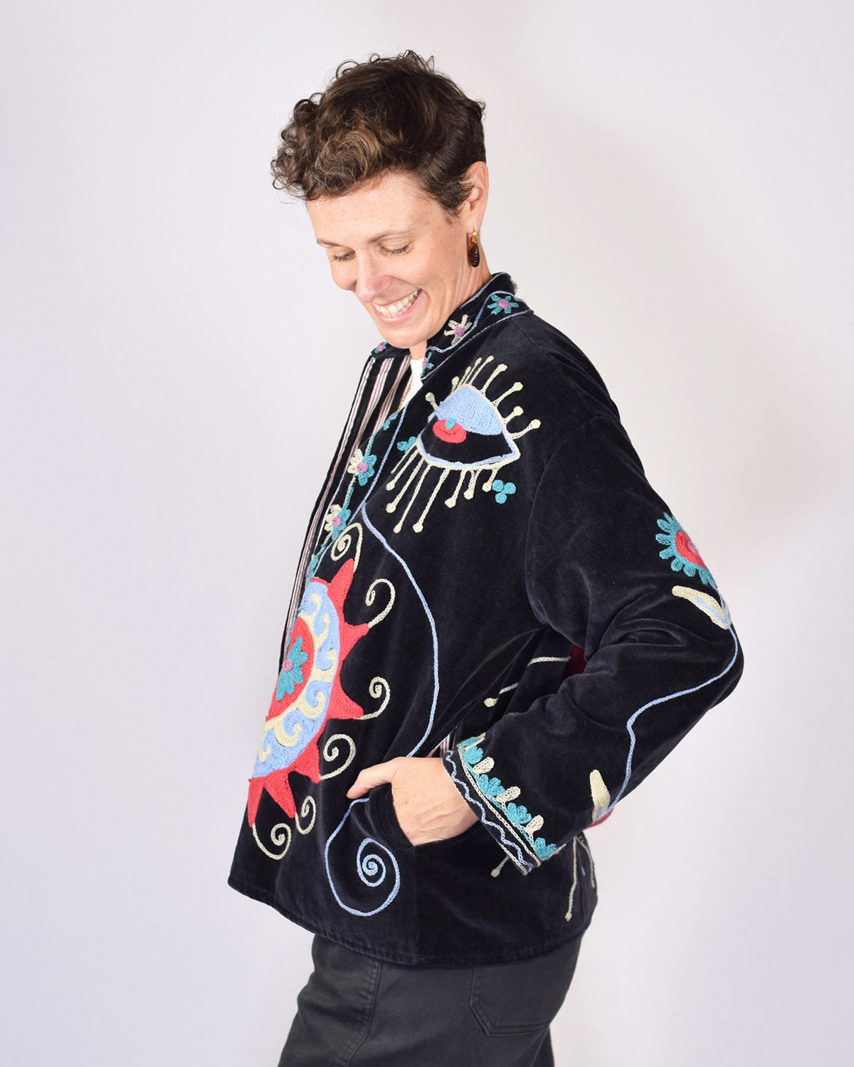 Embroidered Suzani Velvet Jacket - Sun Seeker - Black