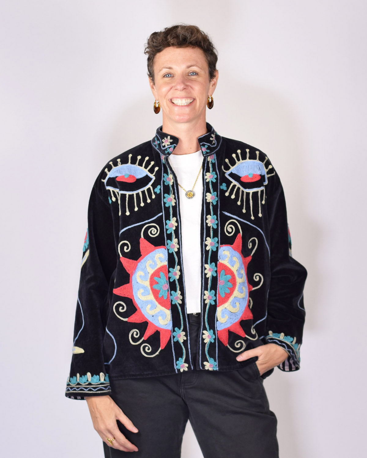 Embroidered Suzani Velvet Jacket - Sun Seeker - Black