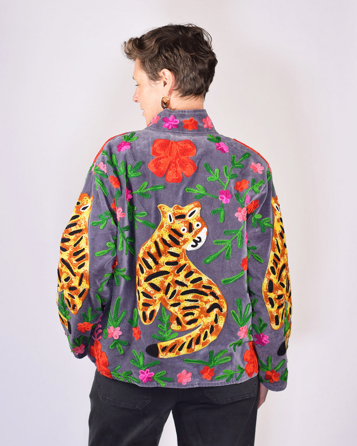 Tiger Tribe Embroidered Velvet Jacket - Soft Grey